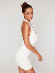 Deep Plunge Embellished Mini Dress in White