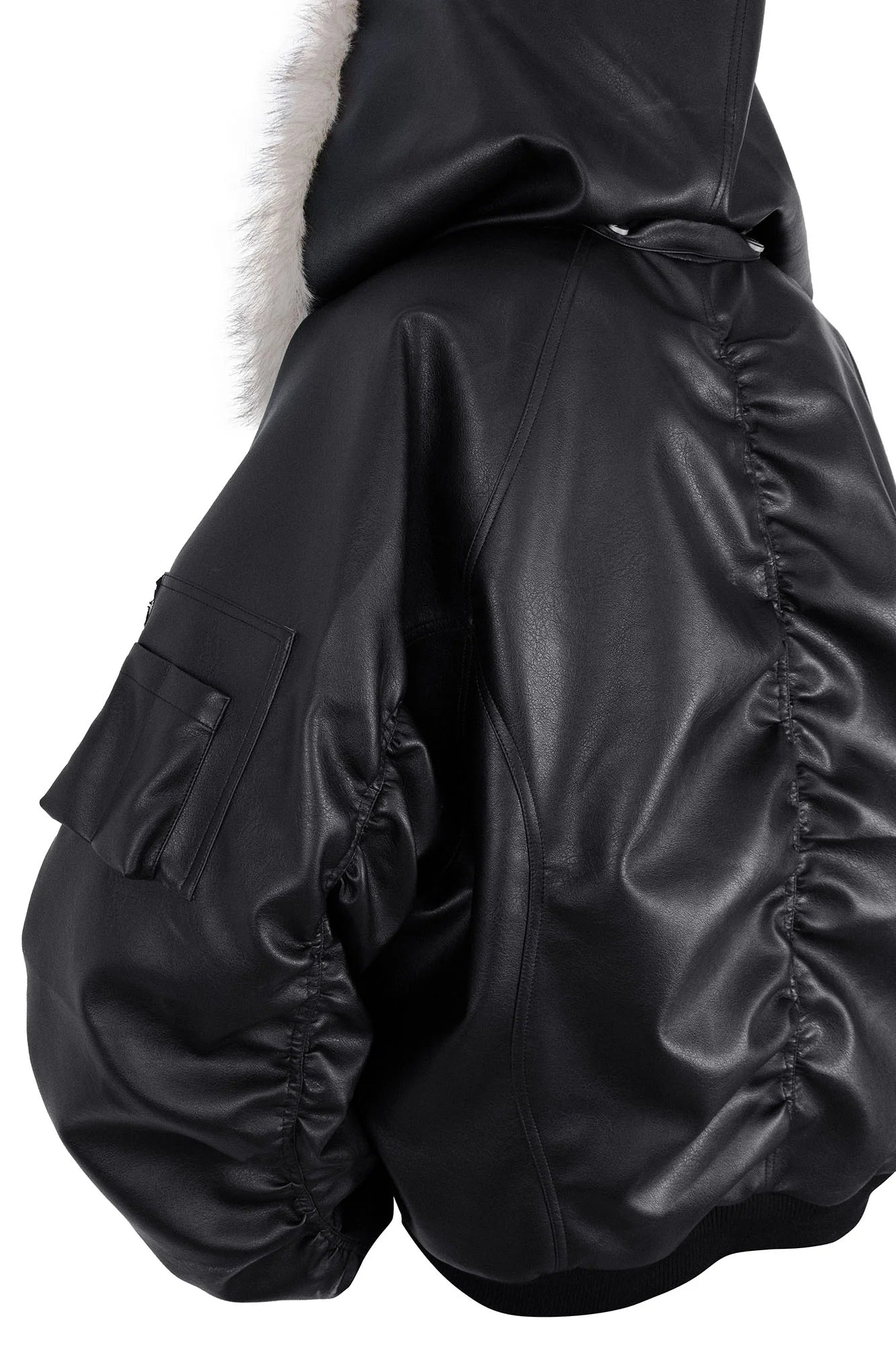 RELABEL Detachable Plush Scarf Ruched Hooded Jacket Black