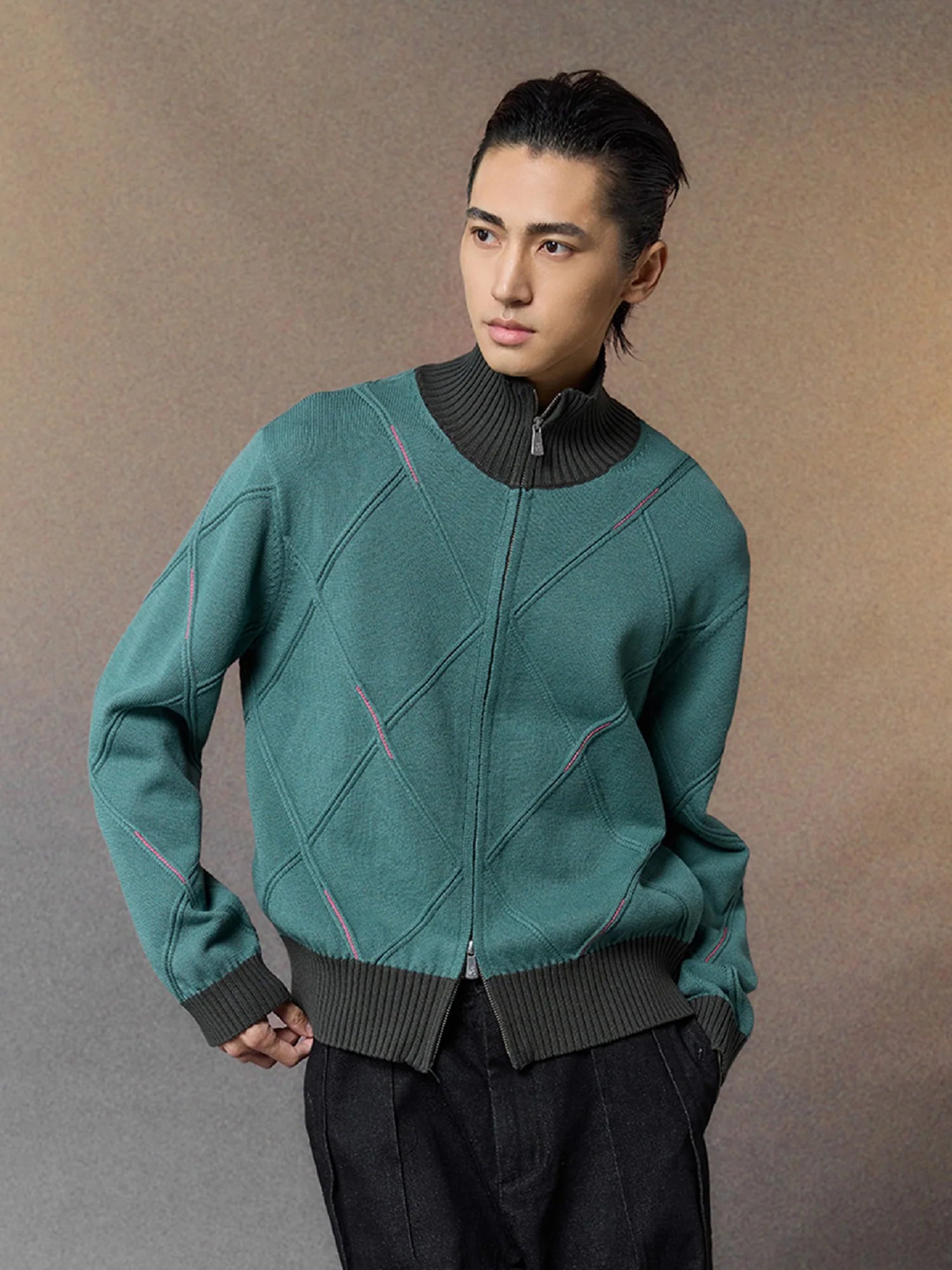 ALVNG AR ANTS Geometric Stitch Zip-Up Sweater