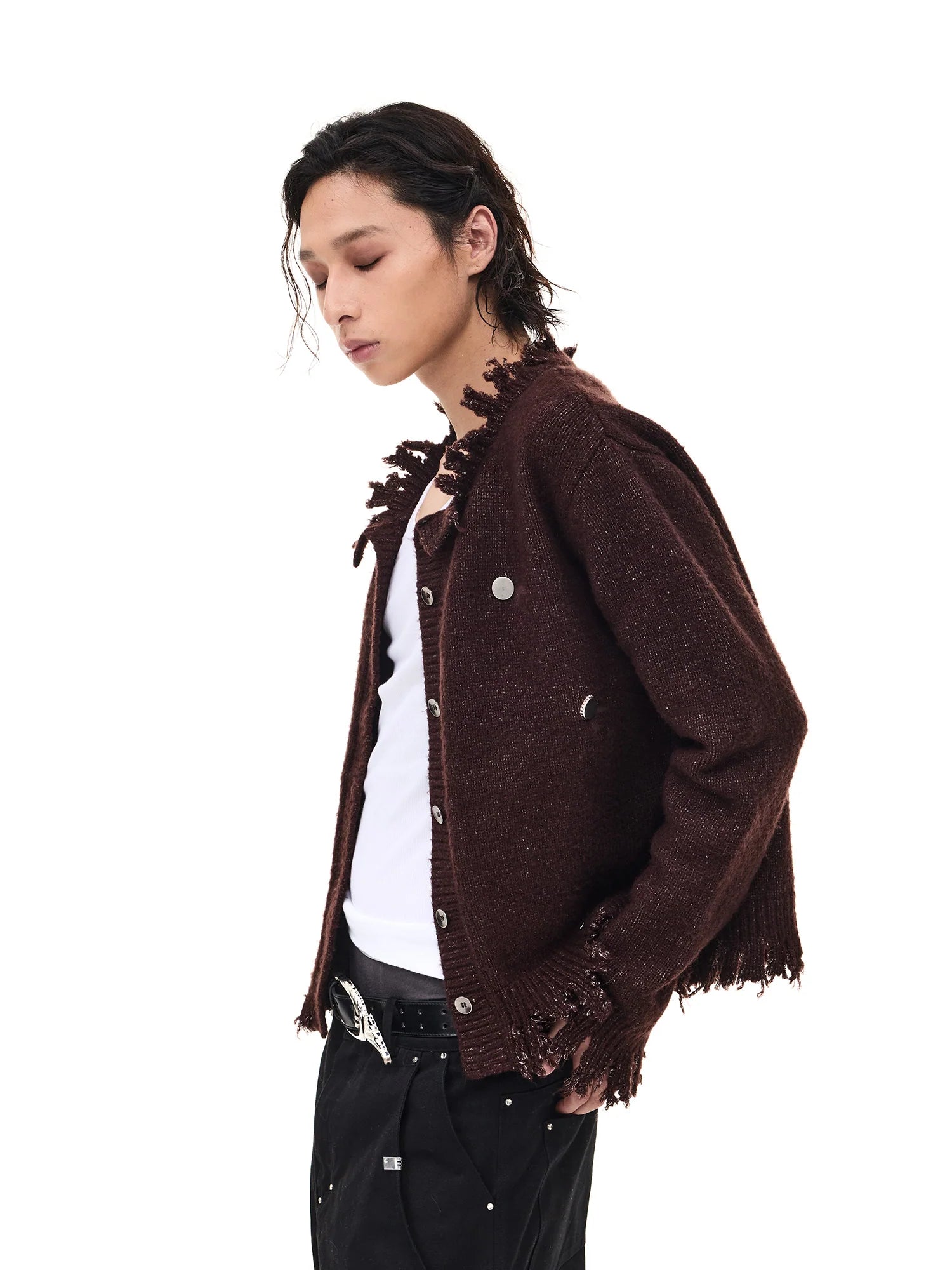 WHISTLEHUNTER Distressed Frayed-Edge Badge Cardigan