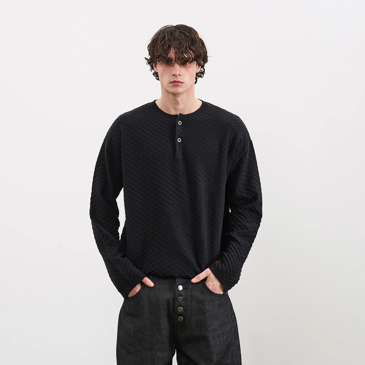 PMW Drop-Shoulder Waffle Henley Sweater