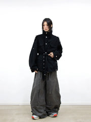 RELABEL Retro Multi-Pocket Snap-Hem Convertible Jacket Black