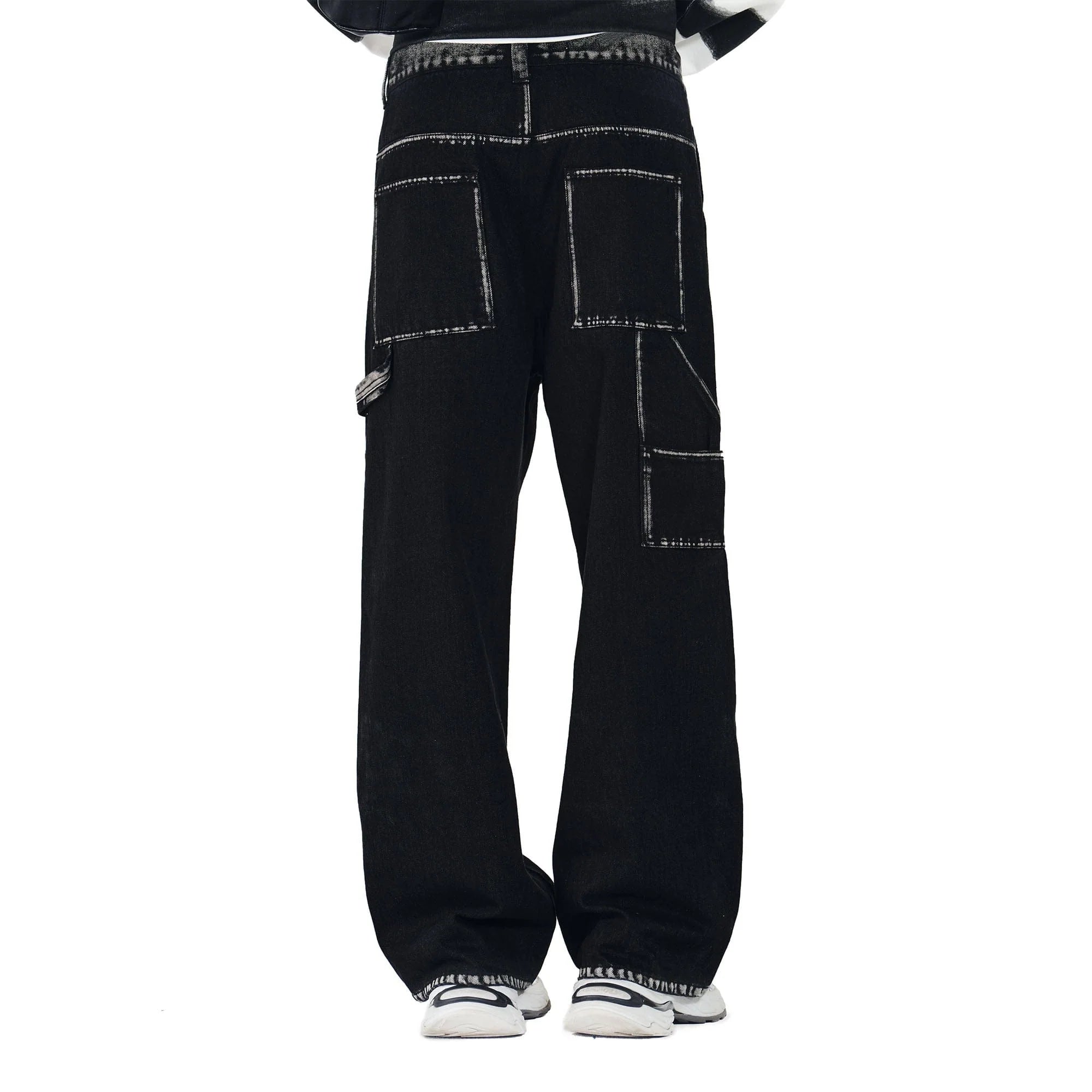 OVERLAPS Contrast Brushstroke Trim Double-Knee Jeans