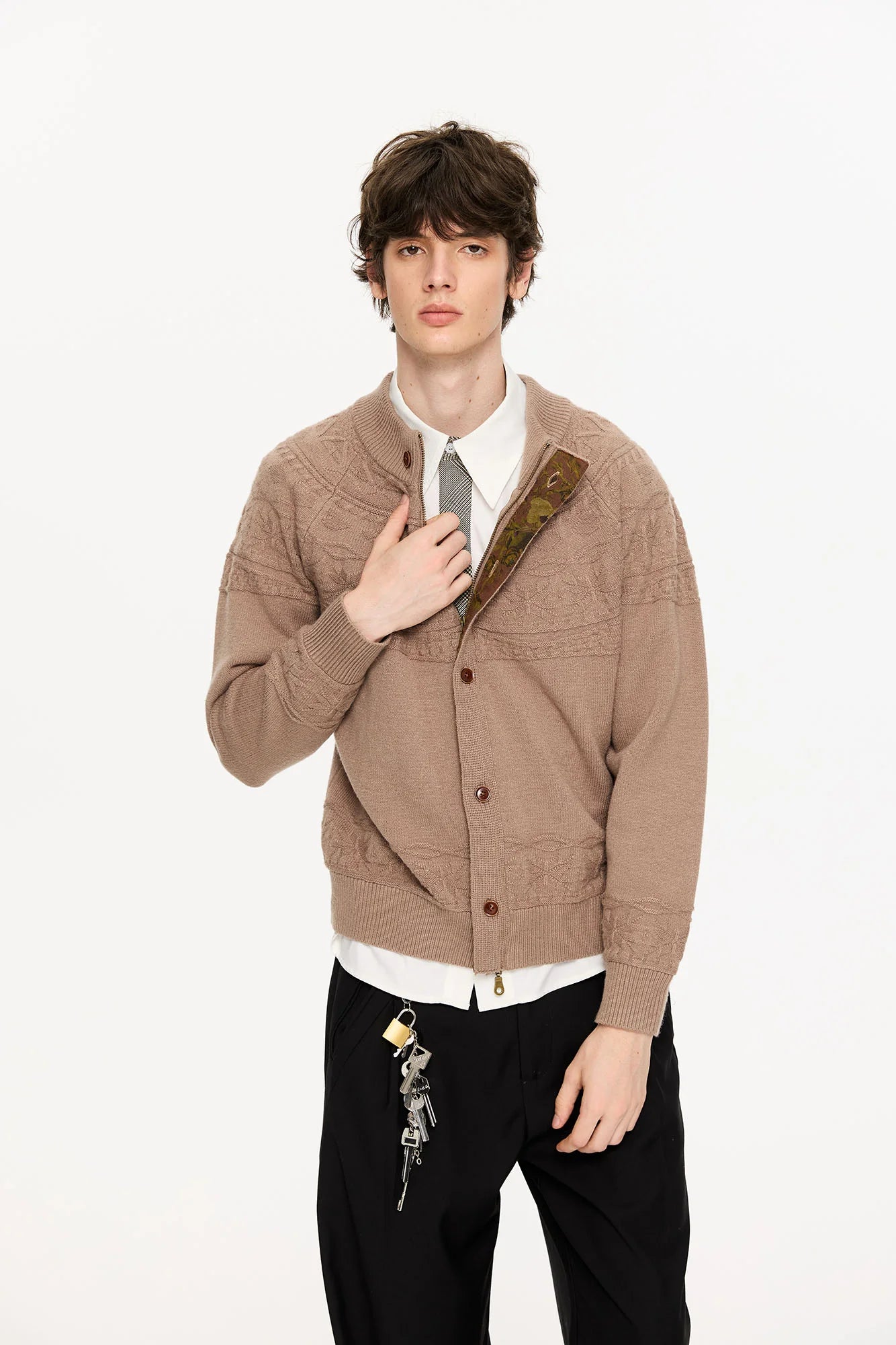 KREATE Double-Placket Jacquard Yoke Cardigan