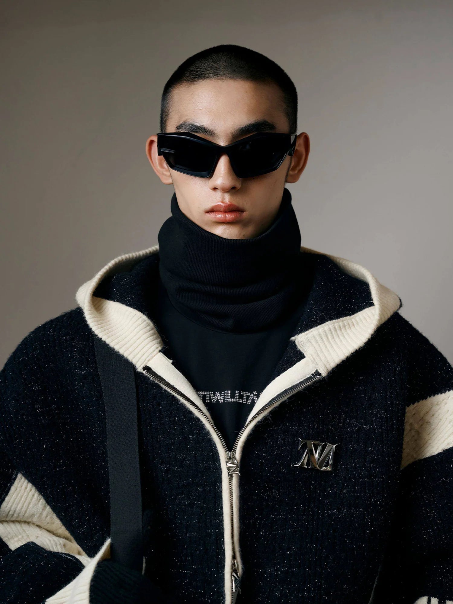 TIWILLTANG Contrast Trim Dual-Zip LOGO Chunky Knit Jacket
