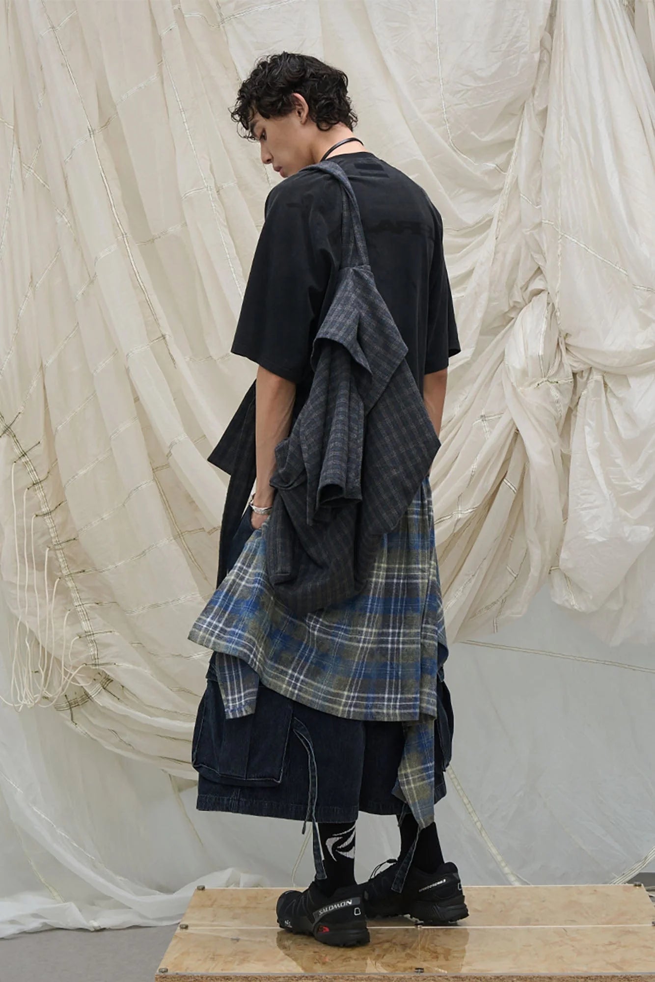 RELABEL Detachable Plaid Drape Denim Shorts