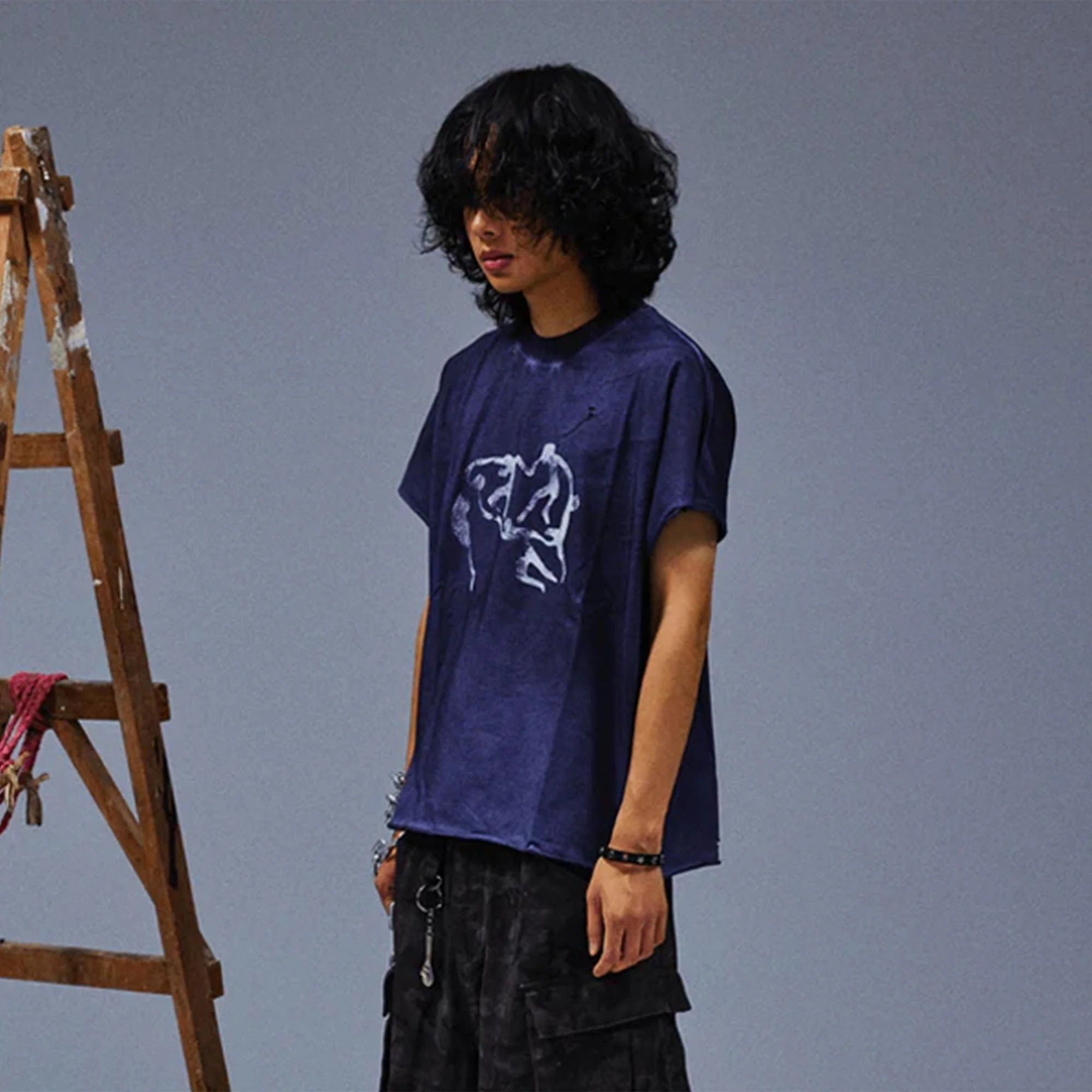 TECNINEGROUP Distressed Blue-Dyed Graphic T-Shirt