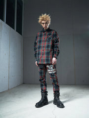 VENTUREK Distressed Zippered-Hem Slogan Slim Plaid Pants