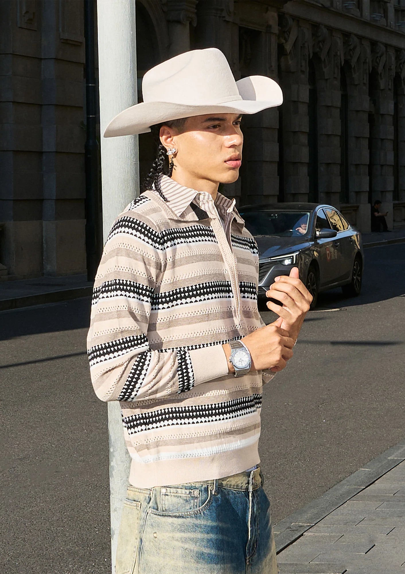 STEEPC Stripe Faux-Layered Polo Sweater