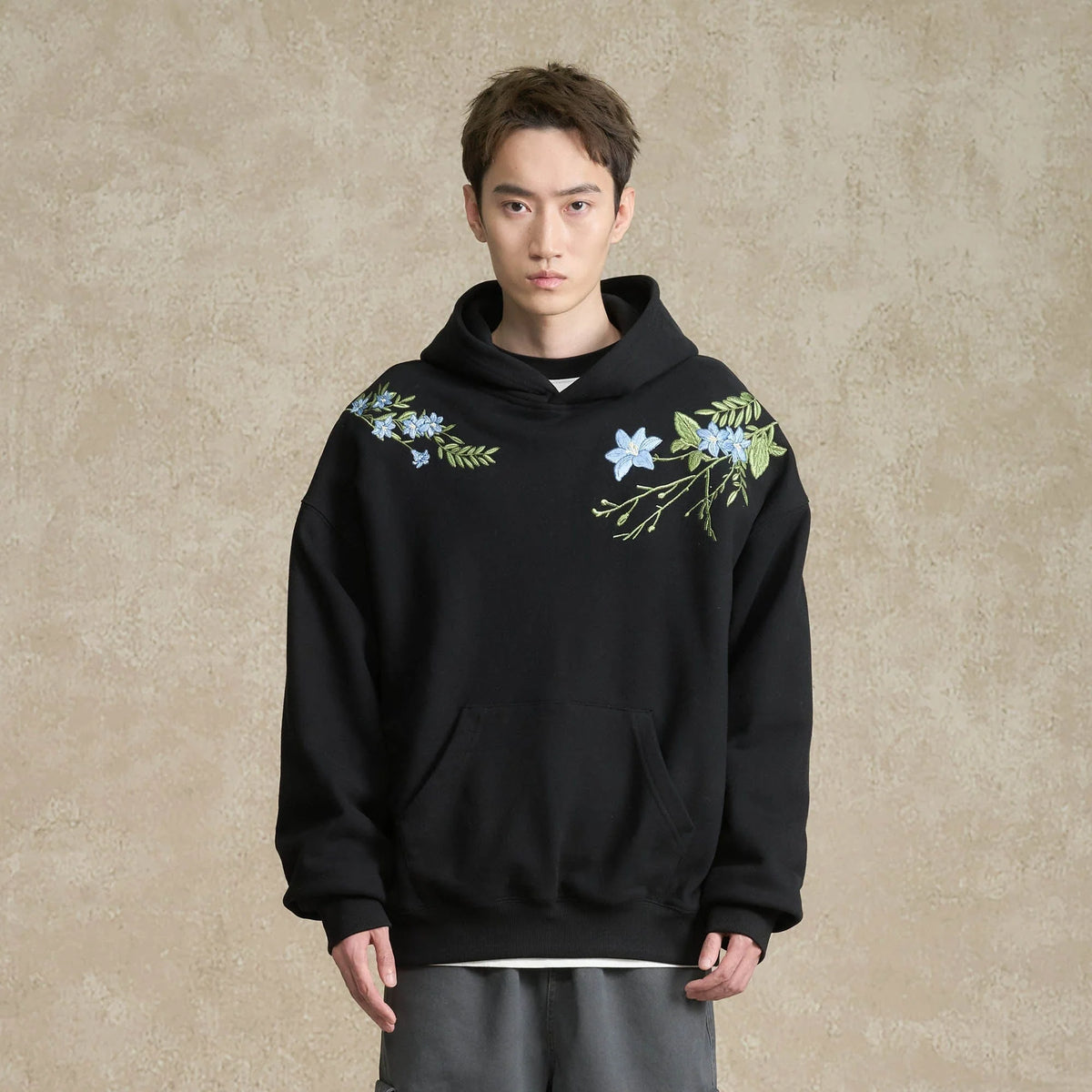 BONELESS Floral Embroidered Fleece-Lined Hoodie