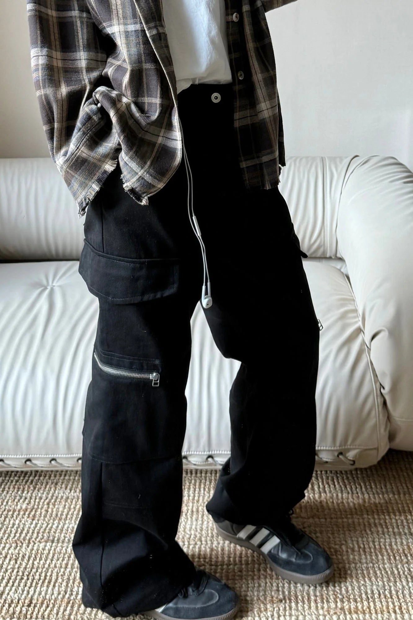 OKAYTHXBYE Muted Marble Multi-Pocket Panel Flared Cargo Pants
