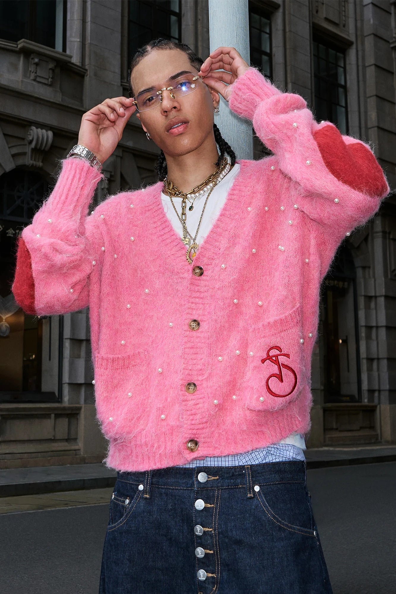 STEEPC Pearl-Studded Contrast Elbow Patch Cardigan