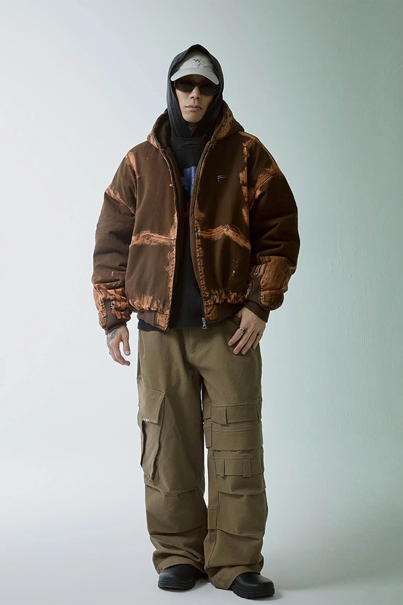 F2CE Brushed Stitch Distressed Hooded Cotton-Padded Jacket