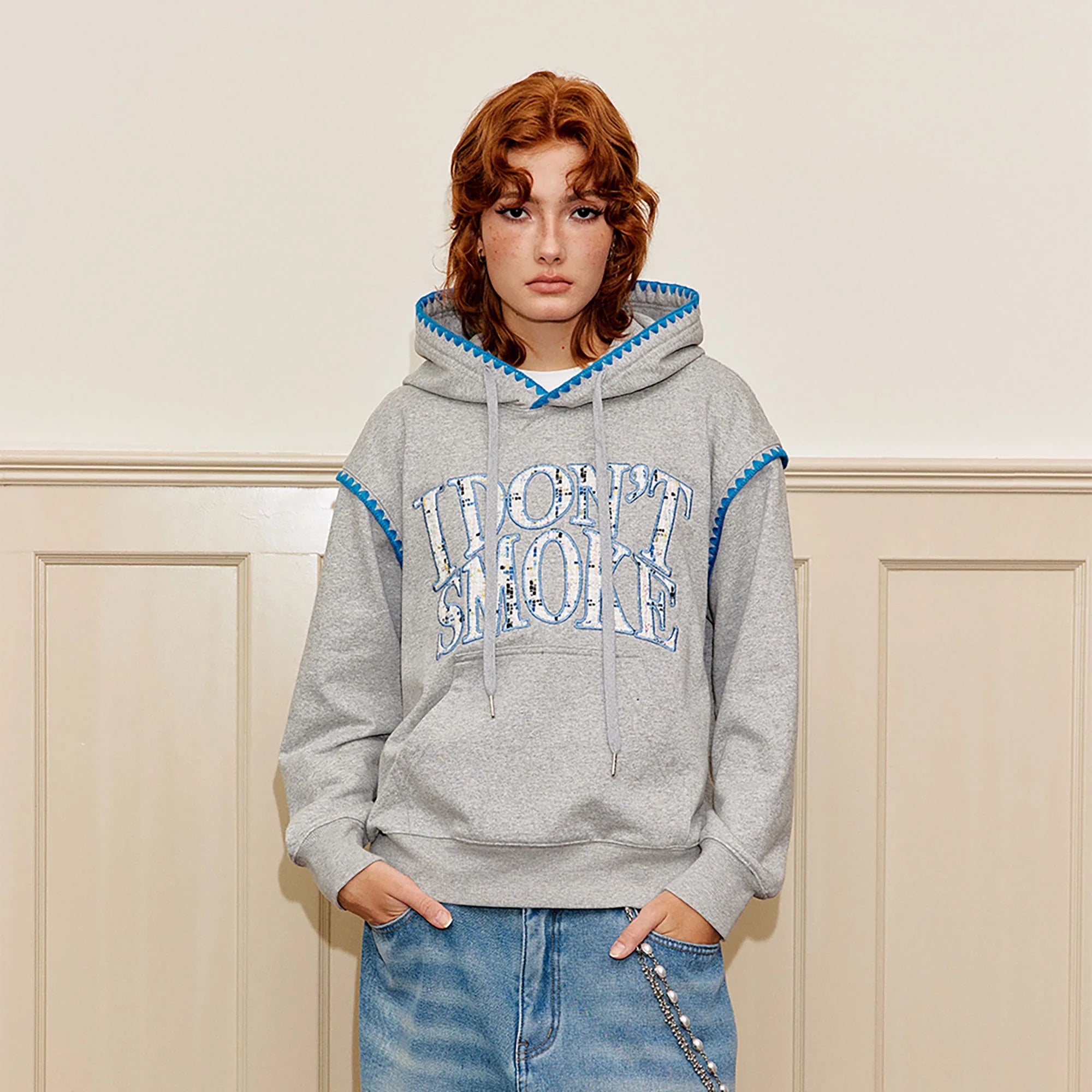 DONSMOKE Retro Embroidered Patch Whipstitch Hoodie