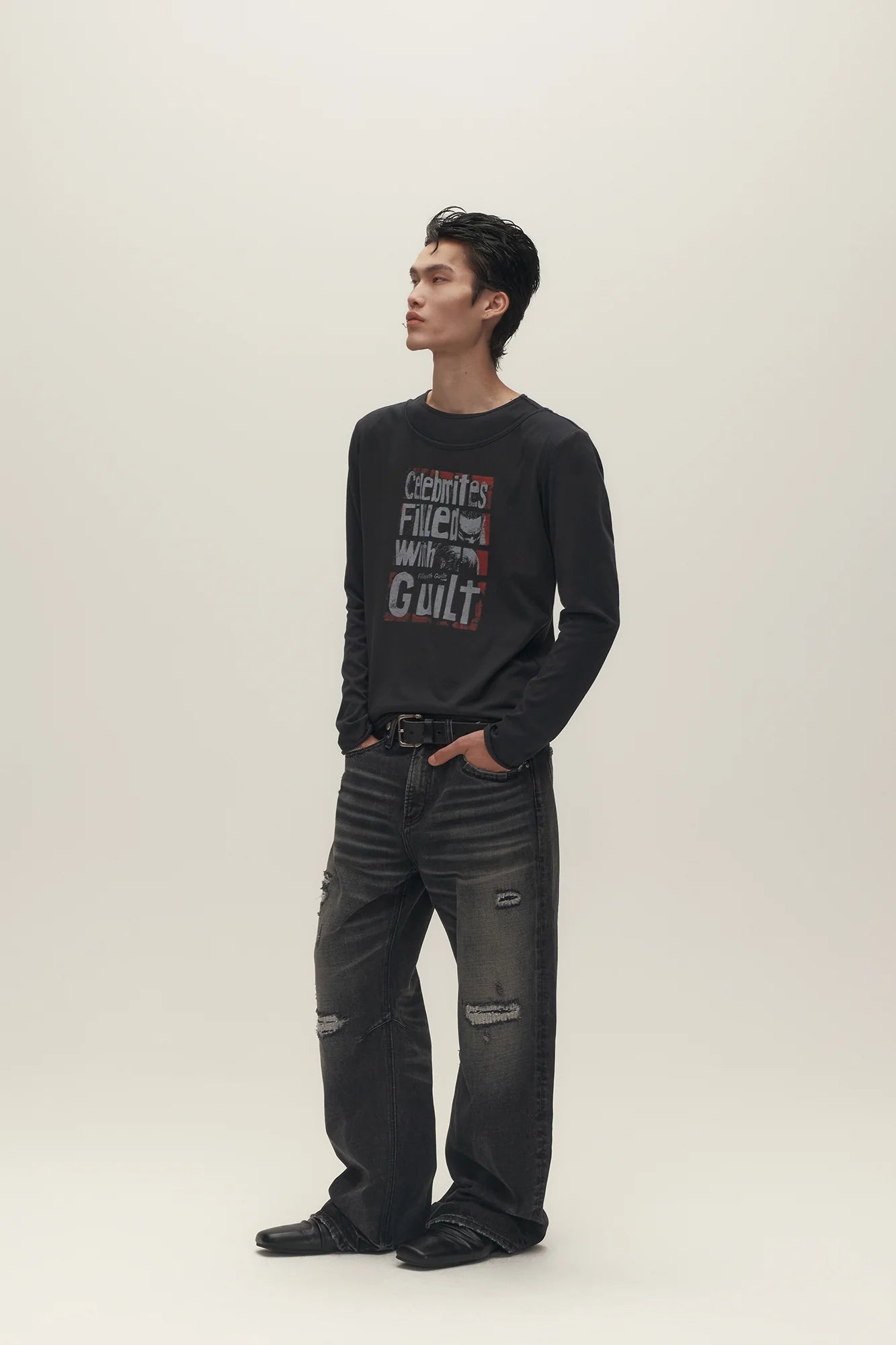 SAVAGEGROWTHWORLD Graphic Double-Layer Neckline Long-Sleeve Tee