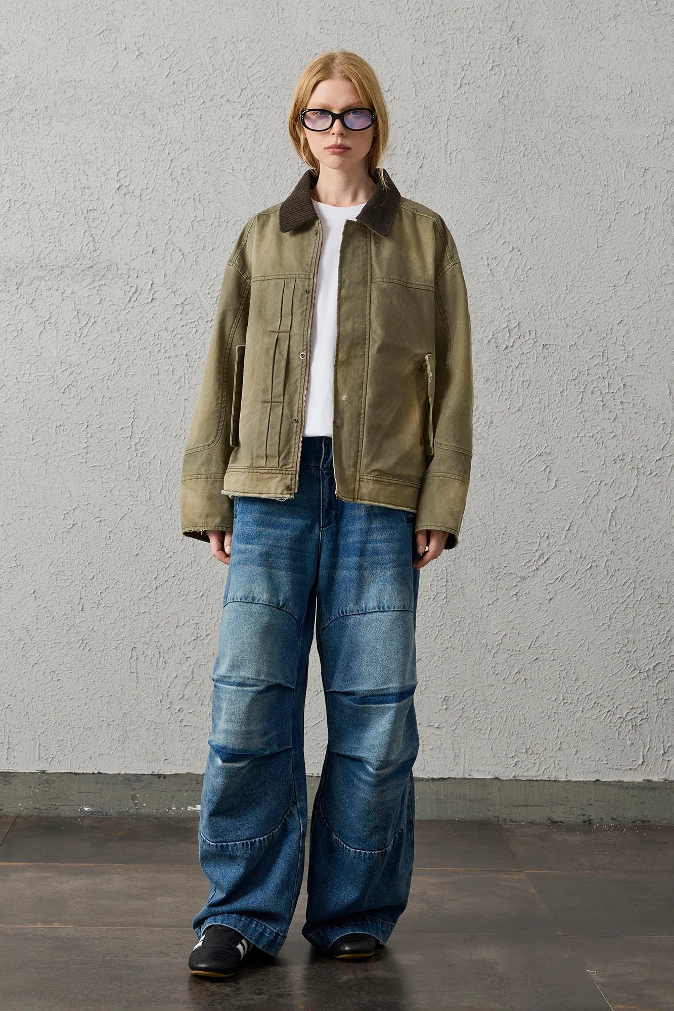 ORGANIC EMOTION Washed Contrast Collar Oversized Snap Jacket