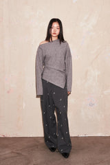 SAME FLOW Floral Embroidery Pleated Wide-Leg Trousers