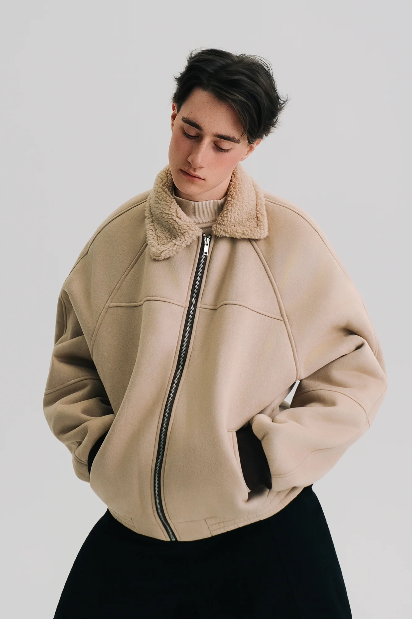 WIID Faux Suede Shearling-Collared Bomber Jacket