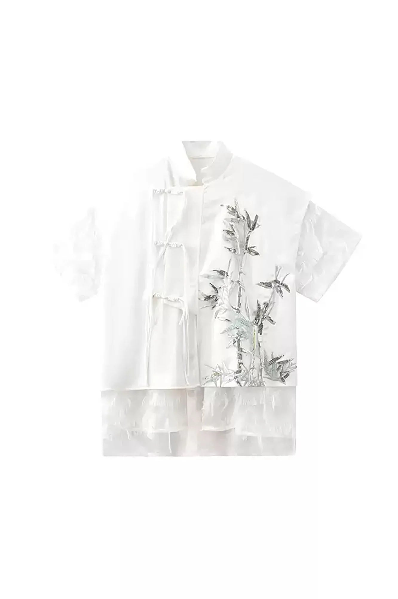 JIECHI Embroidered Bamboo Layered Mandarin Collar Half Shirt