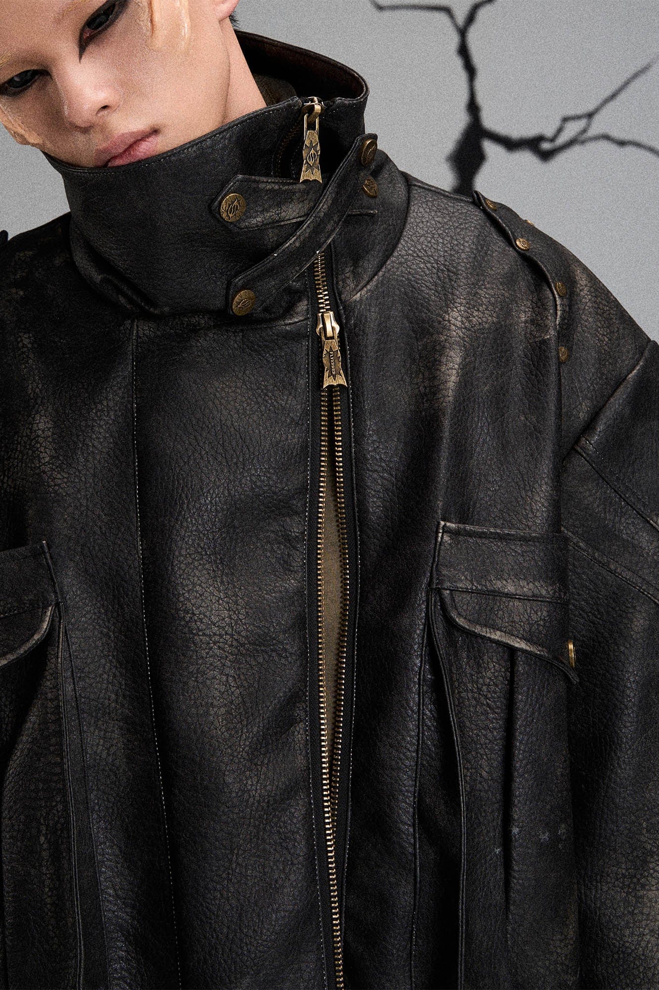 FLYERRER Mutation Knight Armor Distressed High-Collar Faux Leather Jacket