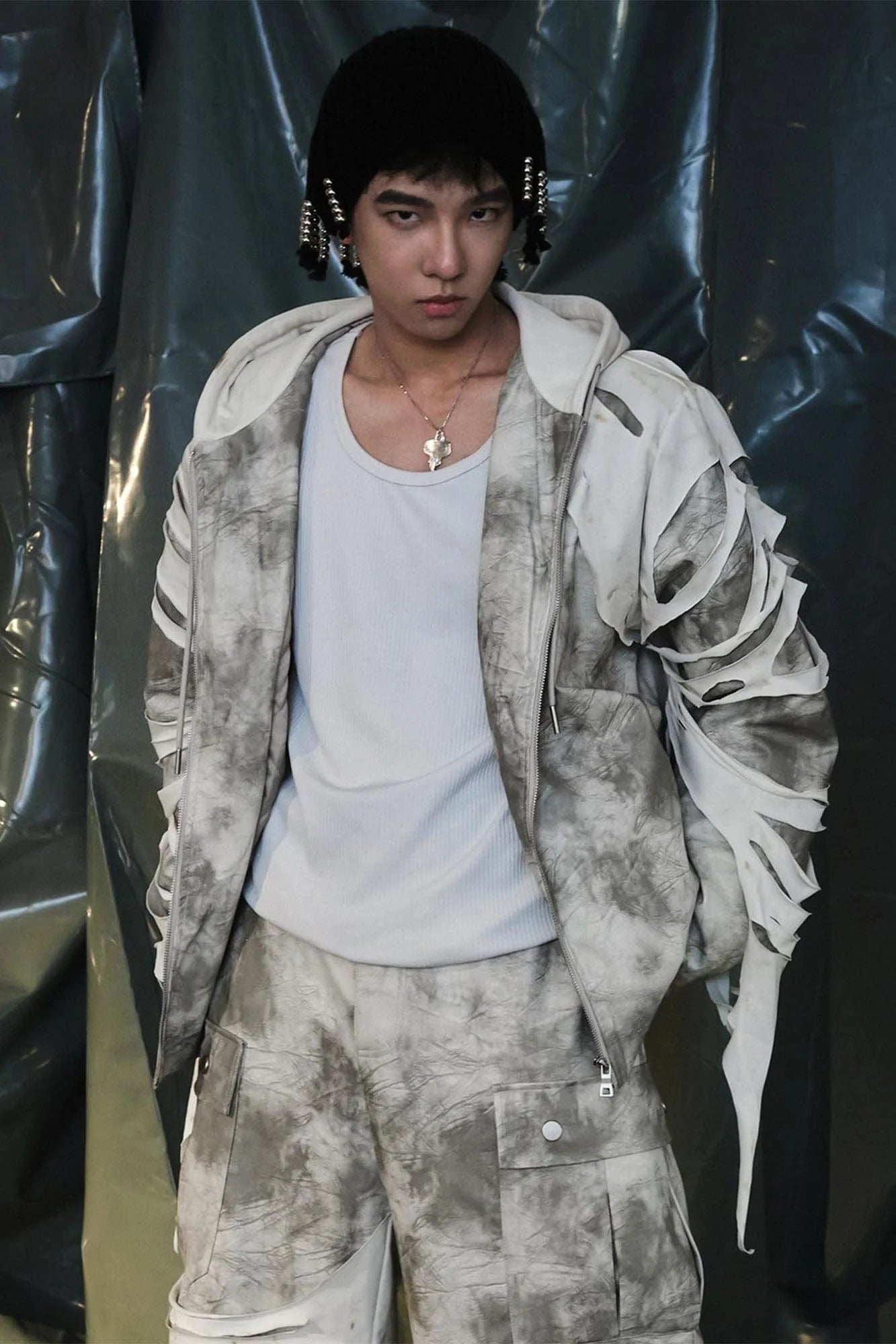 RECOVER ZONE Distressed Slashed PU Layered Hooded Jacket