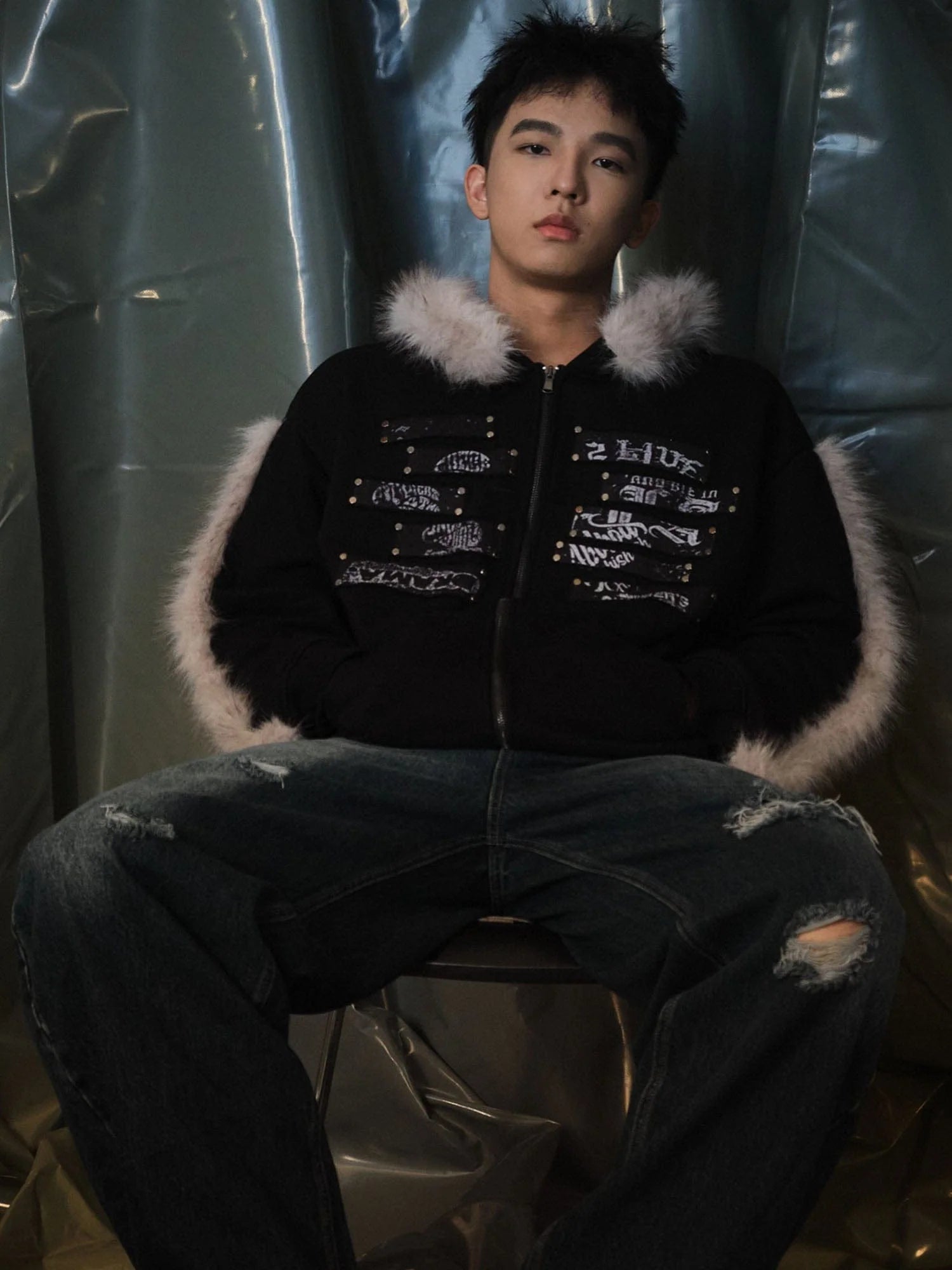 RECOVER ZONE Faux Fur Trim Graphic Zip-Up Hoodie