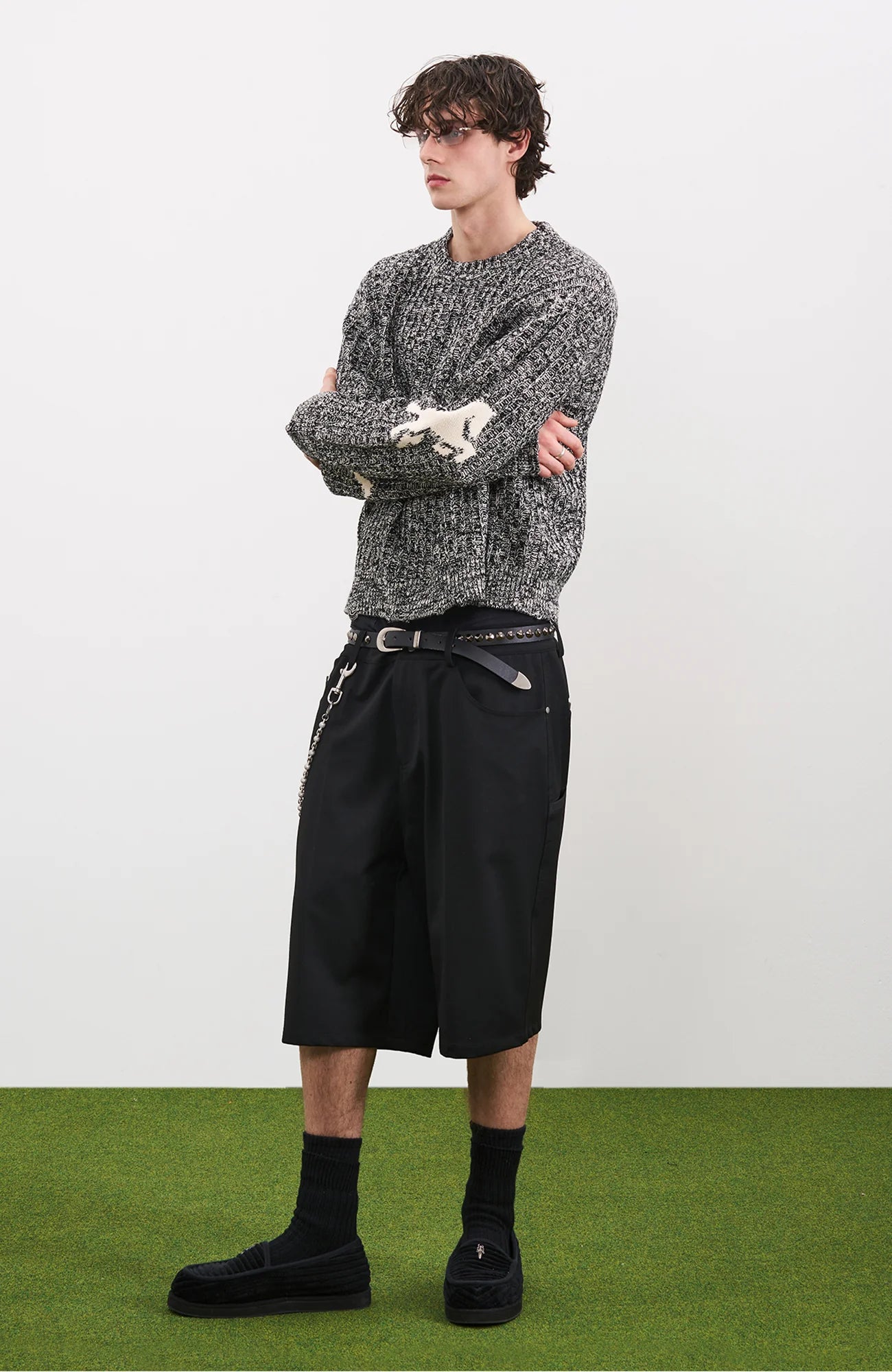PMW Horse Elbow Patched Cable-Knit Sweater