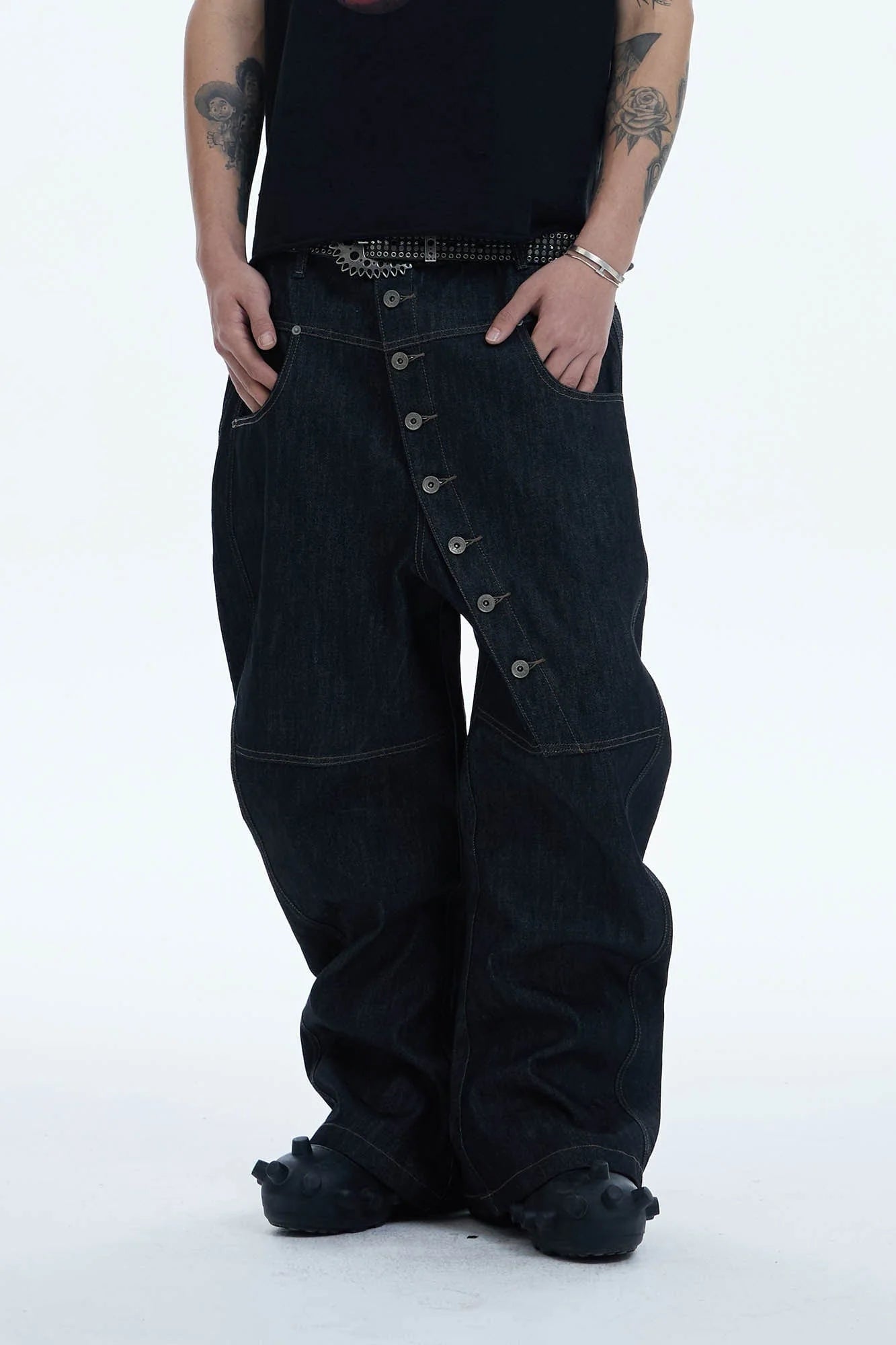 DND4DES Asymmetric Button-Fly Spliced Baggy Jeans