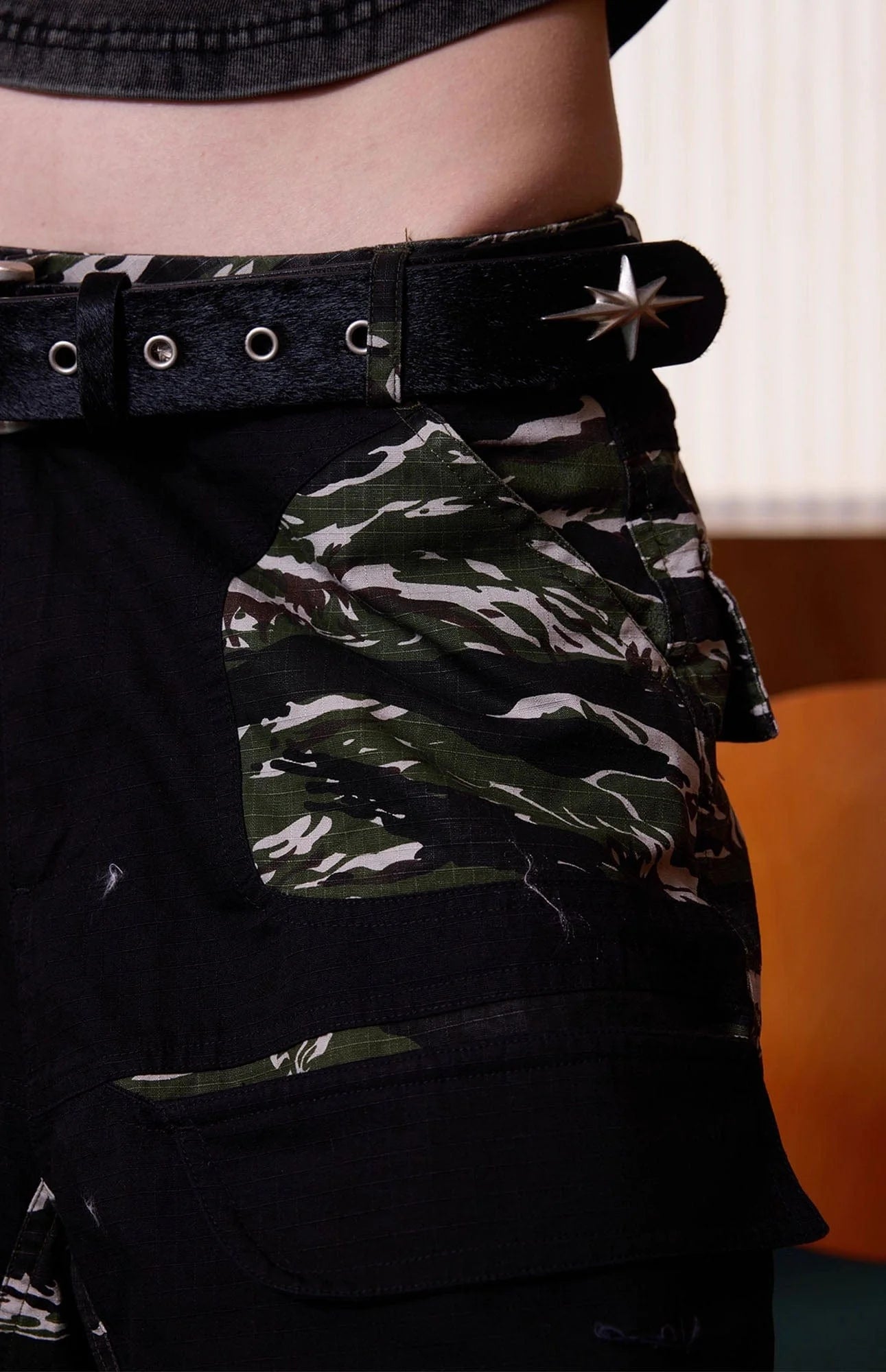 ERROR CODE ROBOT Washed Paneled Frayed-Hem Camo Cargo Shorts