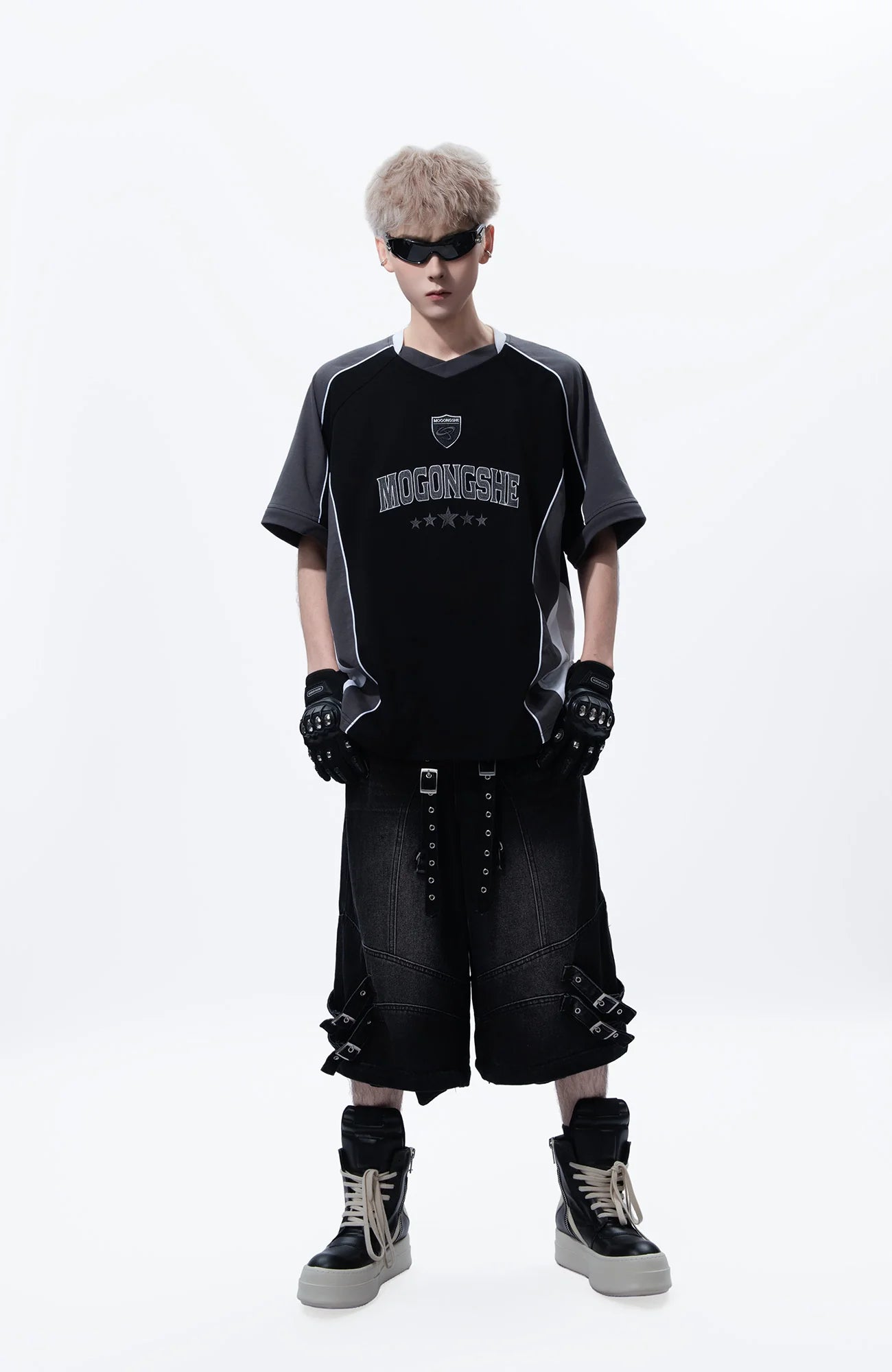 MOGONGSHE Detachable Drape-Strap Washed Jeans