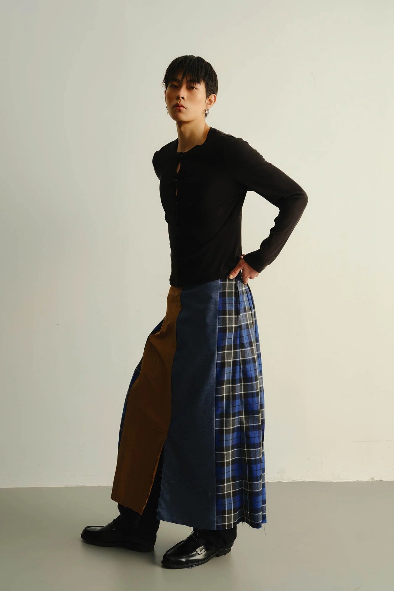 KADAKADA Paneled Reversible Plaid Raw-Edge Maxi Skirt