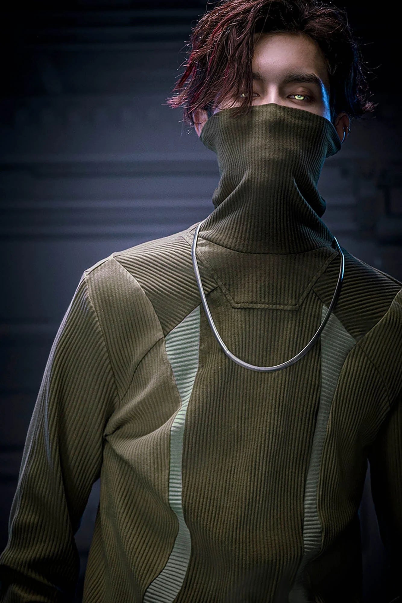 XIPHEVIL Ribbed Paneled Turtleneck Long-Sleeve Tee Green