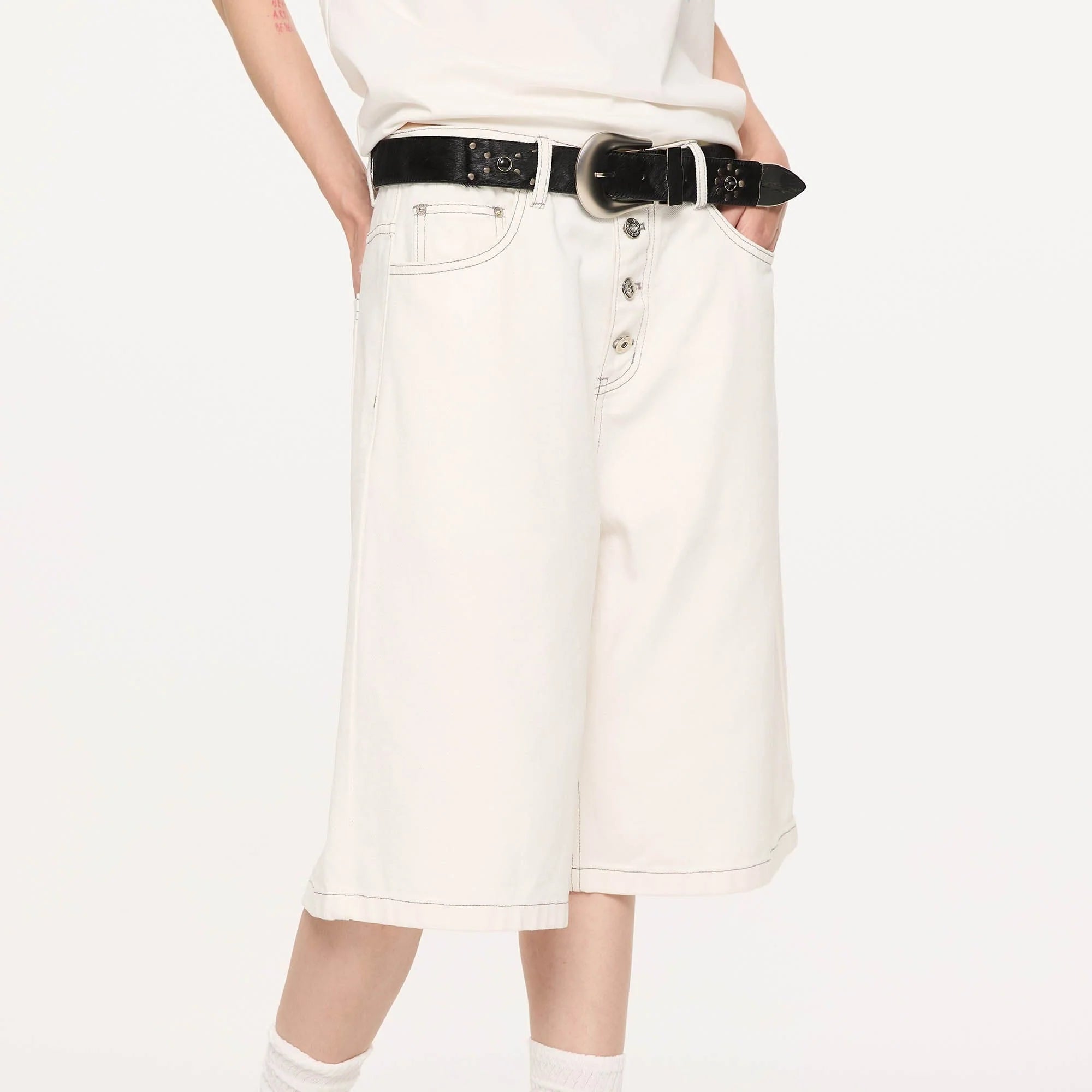 KREATE Essential Button-Up Stitched Denim Shorts