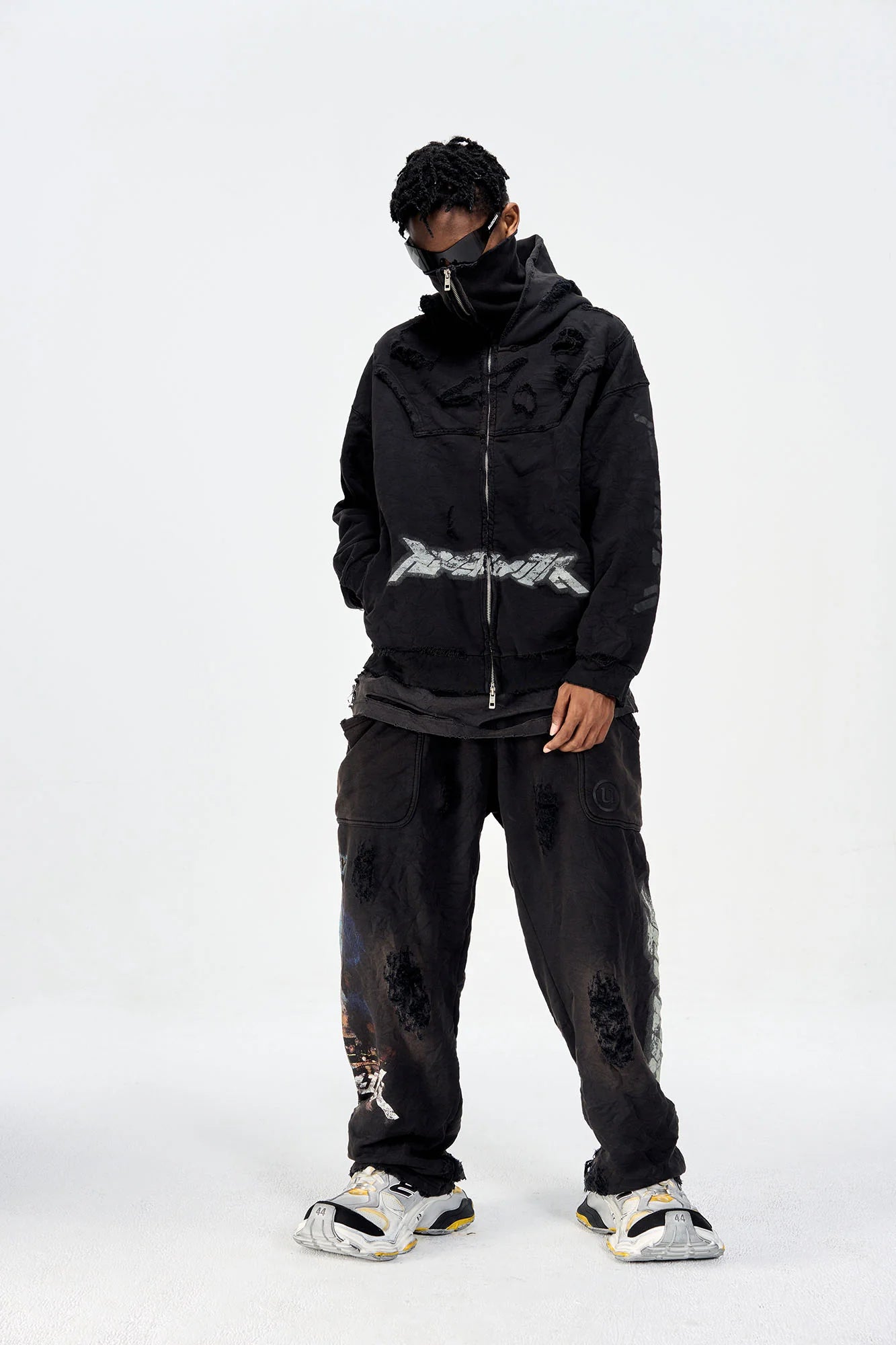 ULIPERY Distressed Glow Face-Cover Hooded Jacket