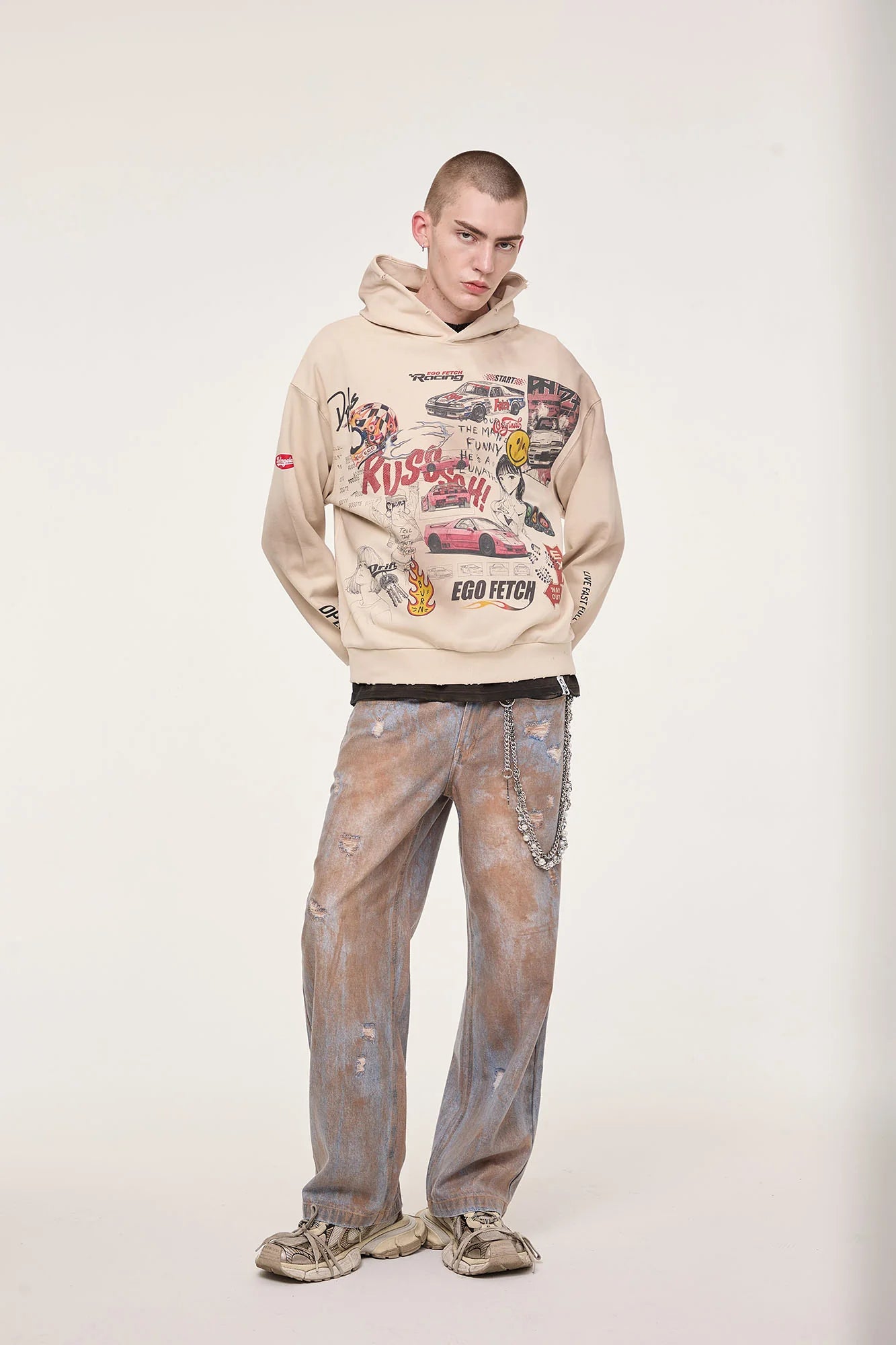 EGOFETCH Distressed Racing Anime Graphic Hoodie