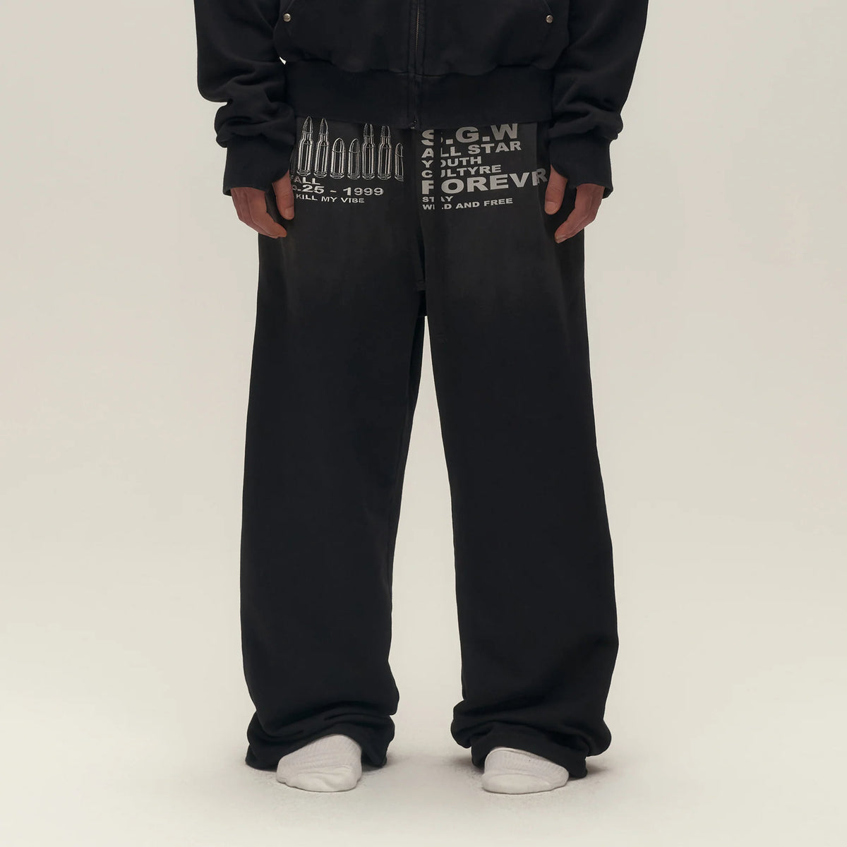 SAVAGEGROWTHWORLD Bullet Graphic Washed Wide-Leg Sweatpants