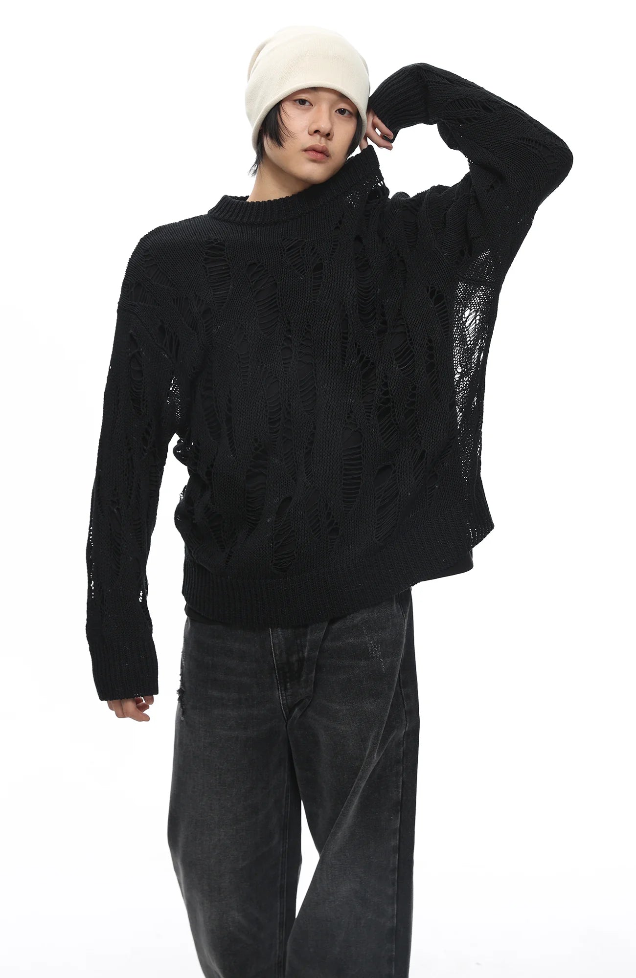 ROARINGWILD A ARCH Distressed Hollowed-Knit Sweater