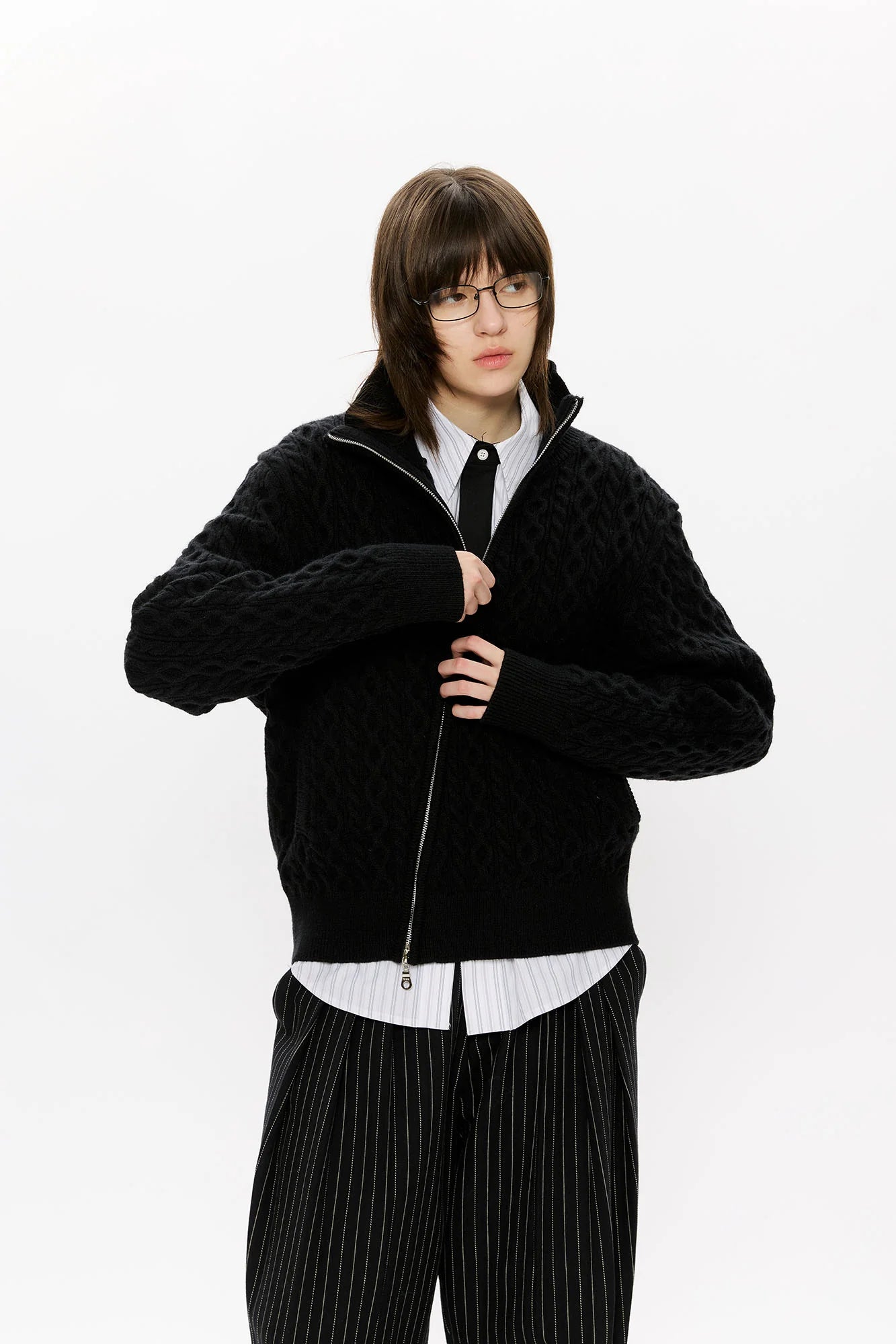 KREATE Asymmetrical Zip Cable-Knit Sweater