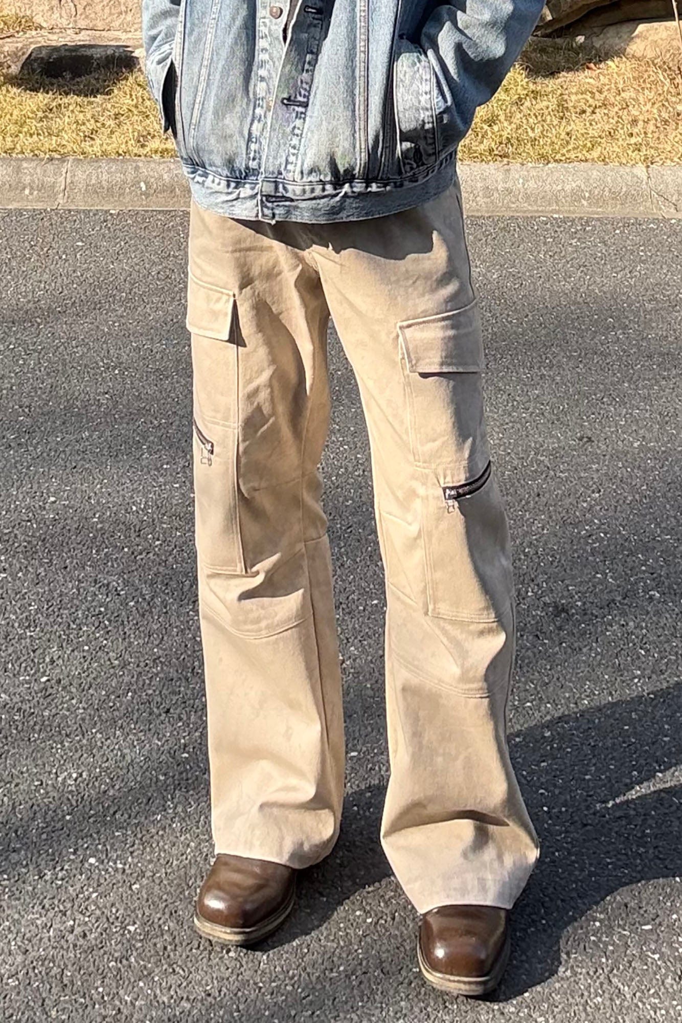 OKAYTHXBYE Muted Marble Multi-Pocket Panel Flared Cargo Pants