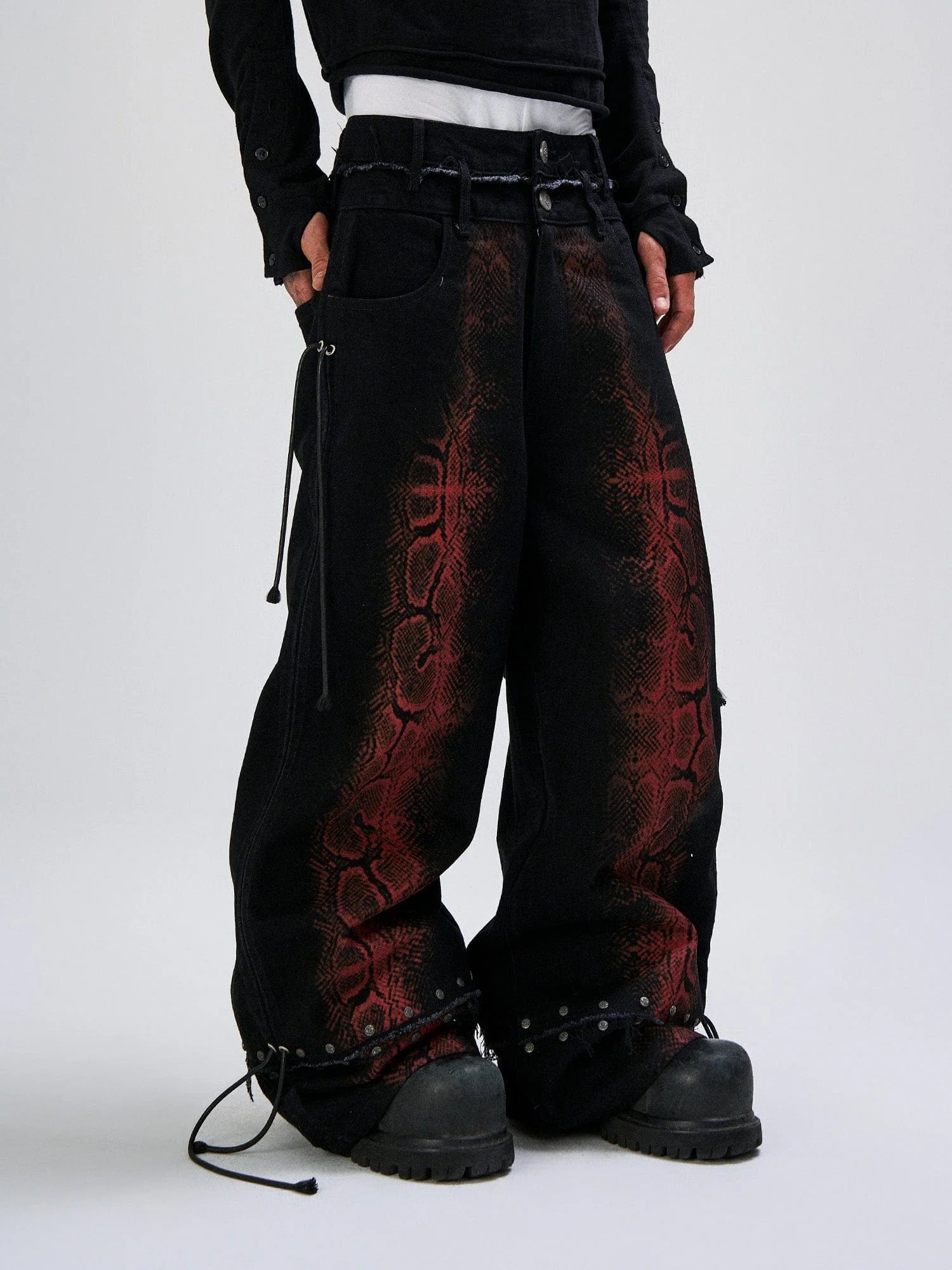 FLYERRER Washed Contrast Snakeskin Drawcord Wide-Leg Jeans