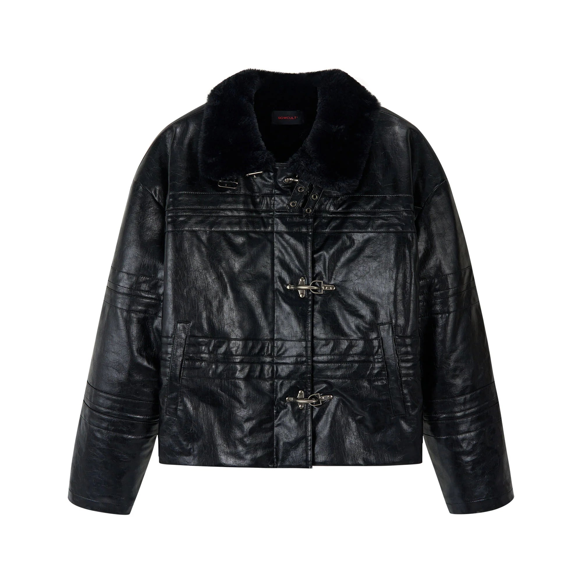 SAVAGEGROWTHWORLD Hook Buckle Faux Leather Puffer Jacket
