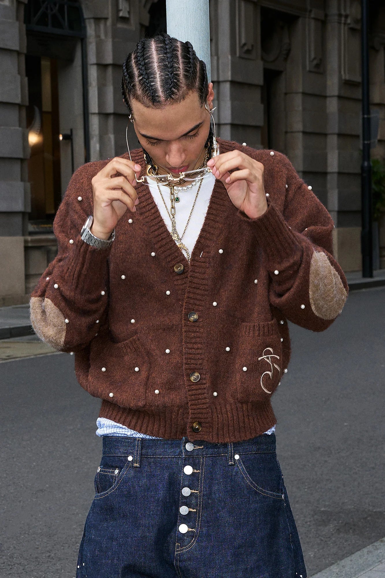 STEEPC Pearl-Studded Contrast Elbow Patch Cardigan