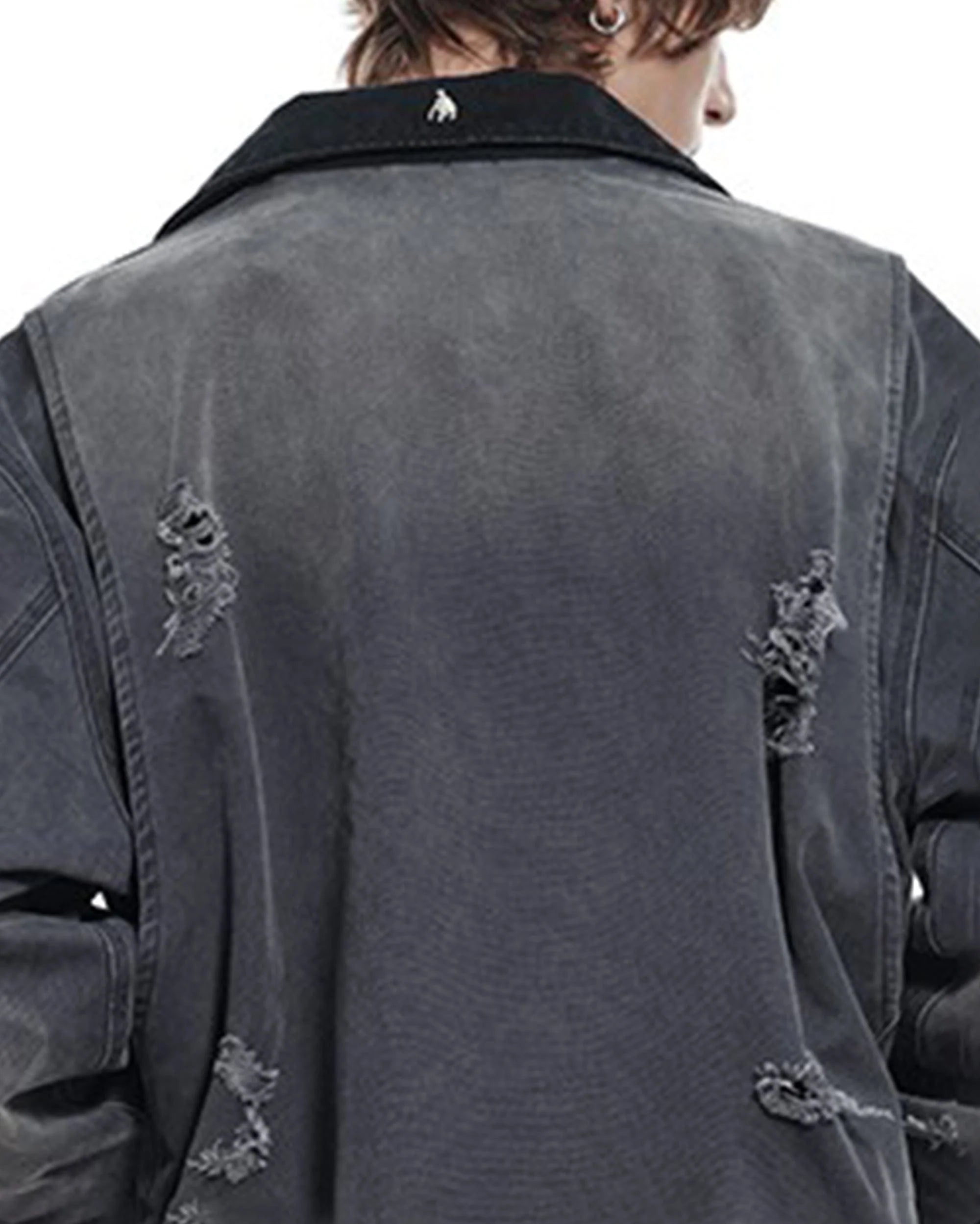 FACEONLAB Raw-Edge Ripped Rivet Metal Emblem Jacket Grey