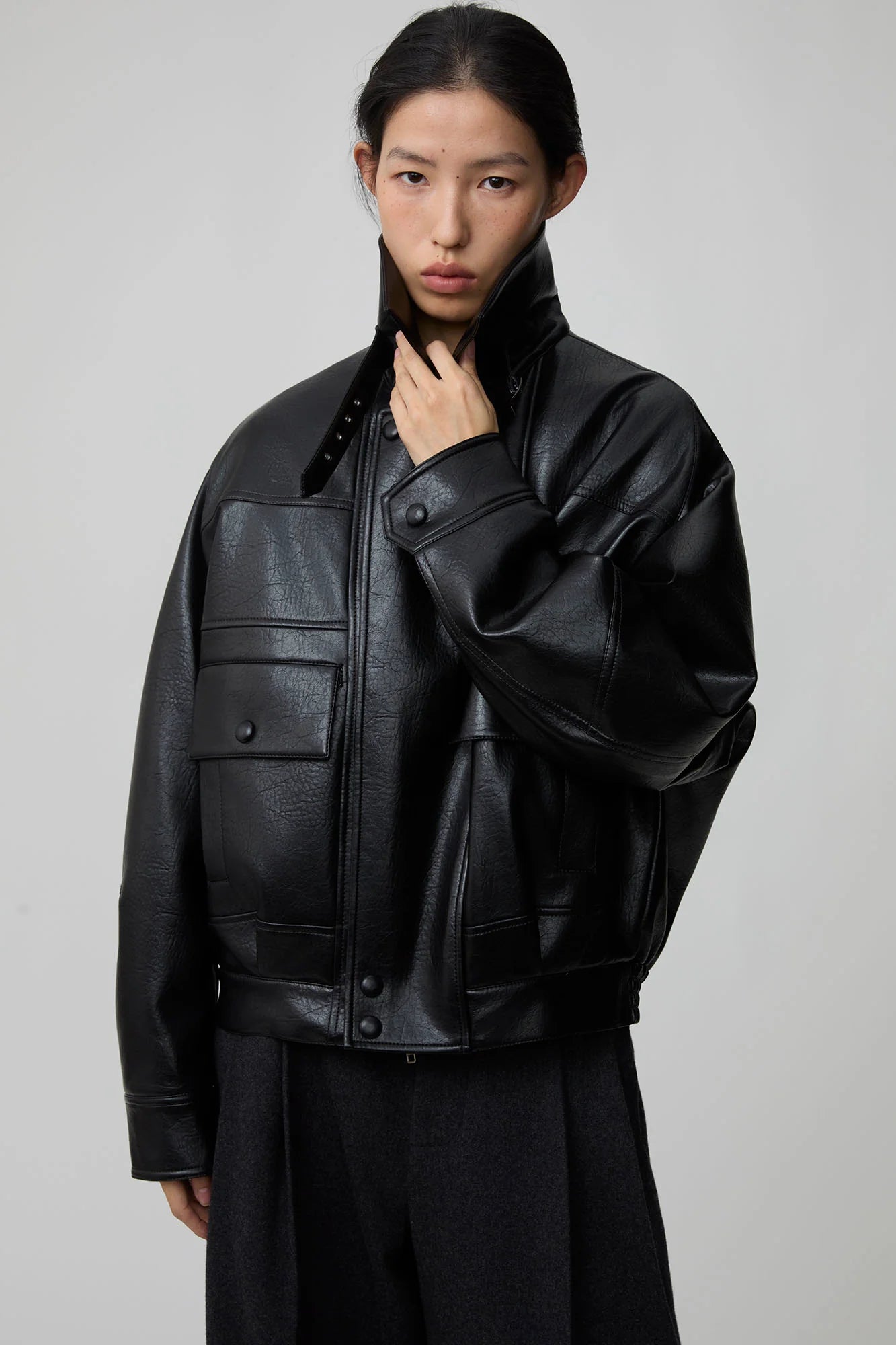OPICLOTH Detachable Faux Fur-Collar PU Bomber