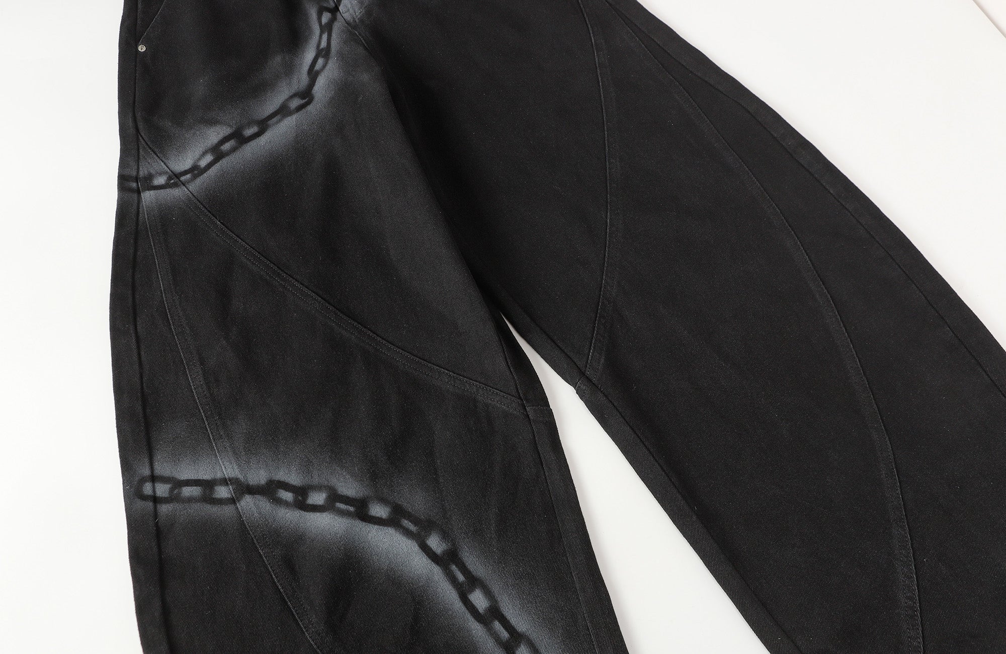 CLP Chain Graphic Frayed Curved-Leg Jeans