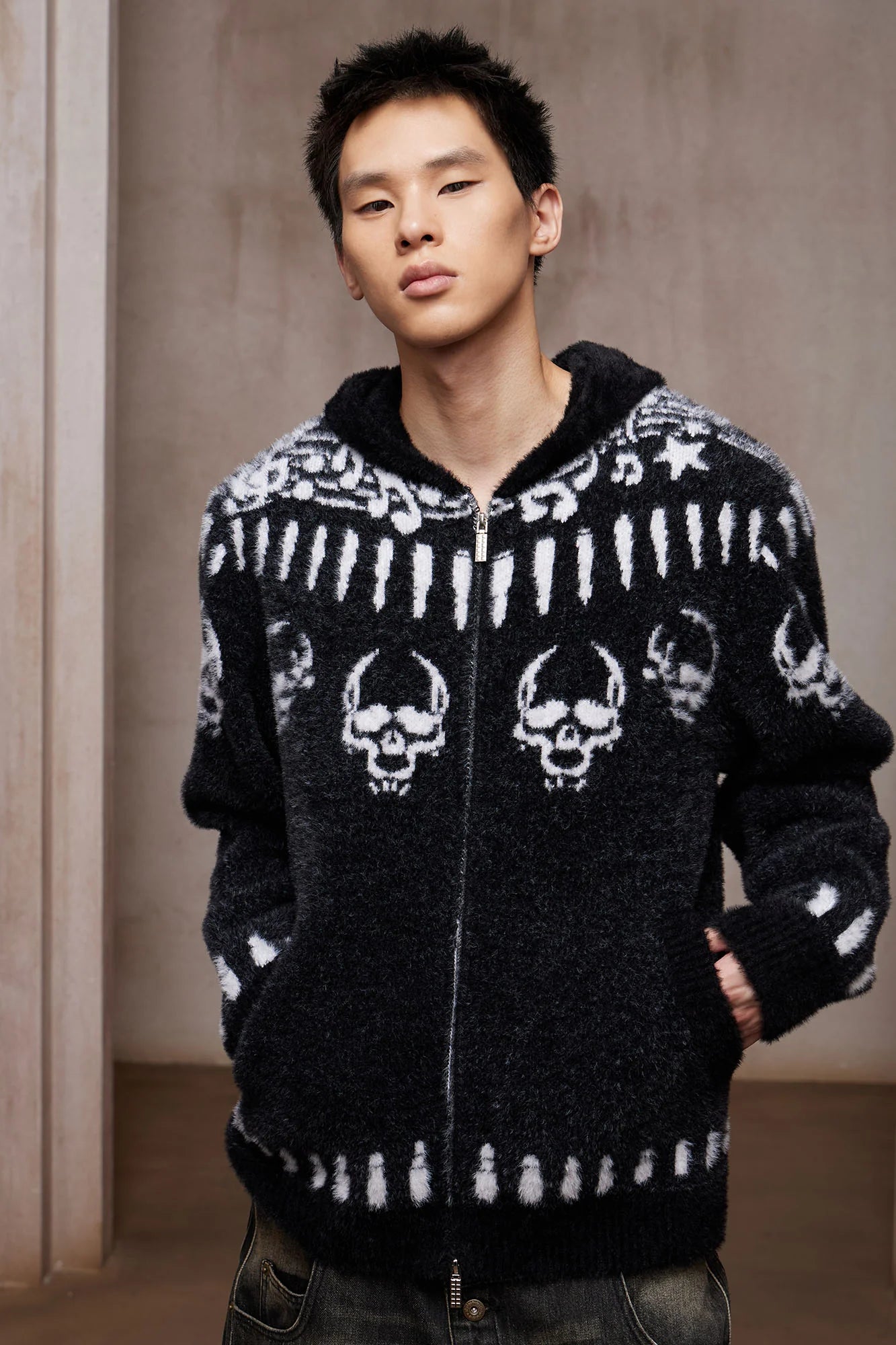 DND4DES Faux Mink Skull Jacquard Hooded Jacket