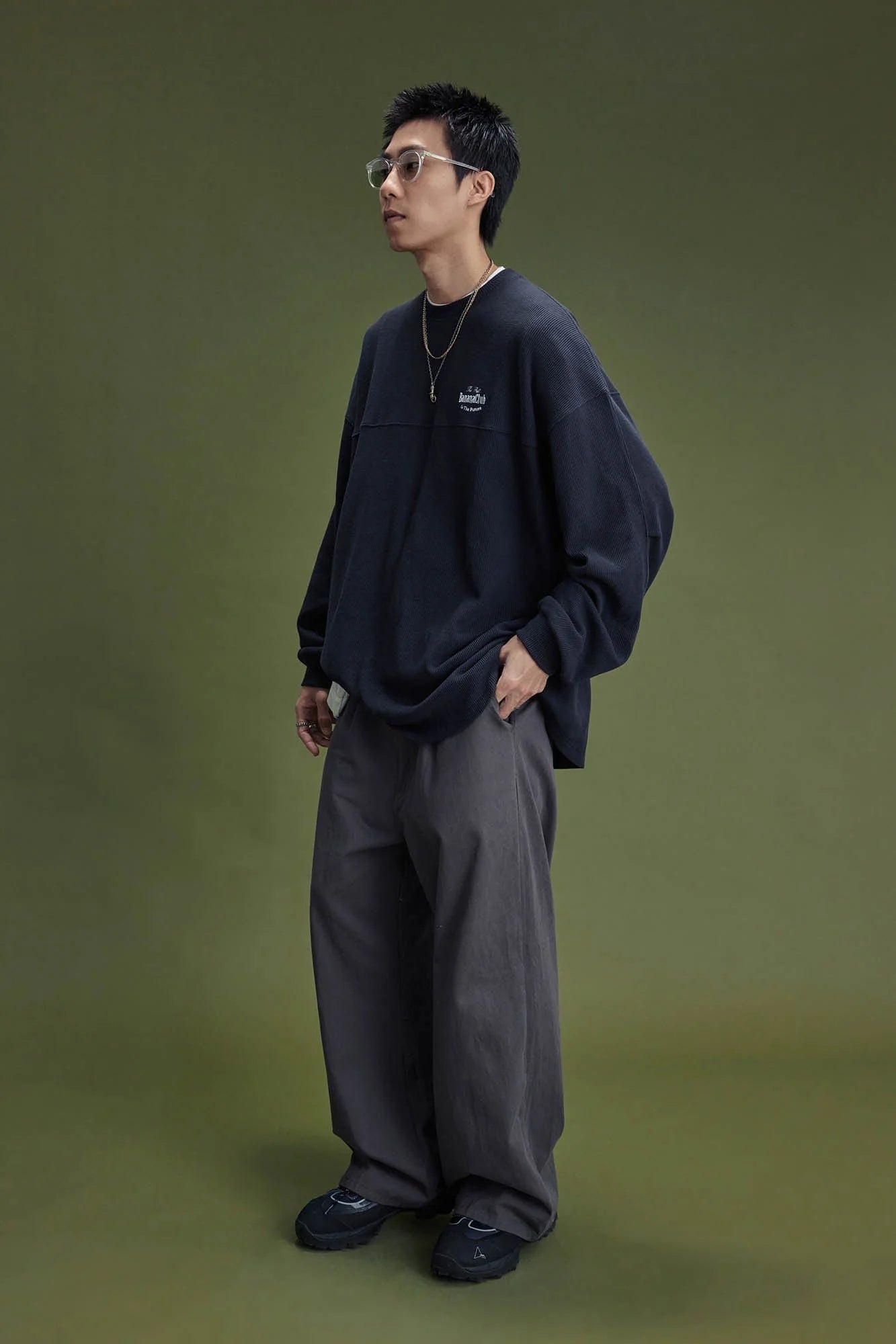 BANANA CLUB Waffle Knit Spliced Long-Sleeve Tee
