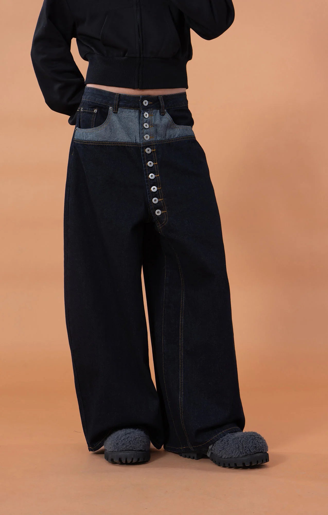 CLP Contrast-Waist Botton-Fly Oversized Raw Jeans