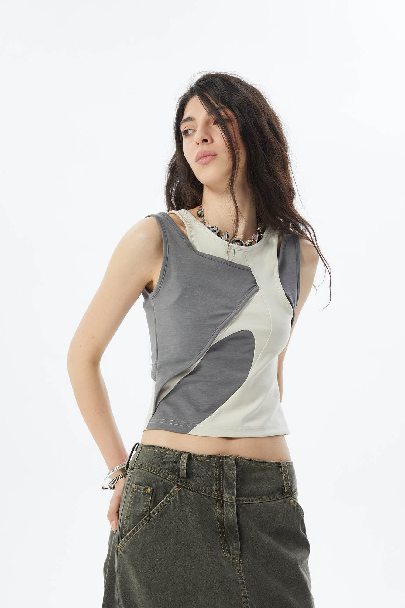 ERROR CODE ROBOT Asymmetrical Contrast Layered Tank Top