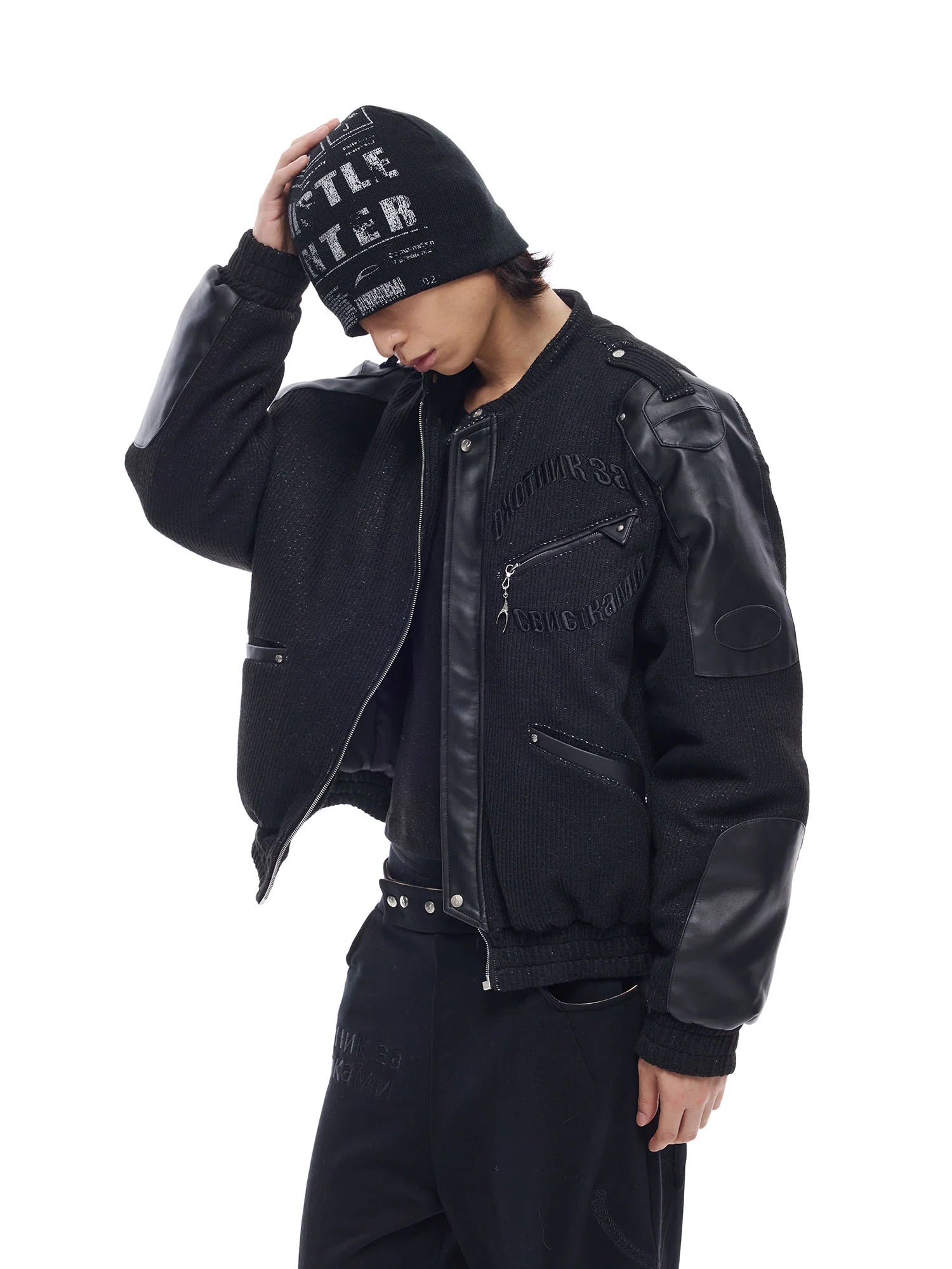 WHISTLEHUNTER Faux Leather-Panel Utility Bomber Jacket